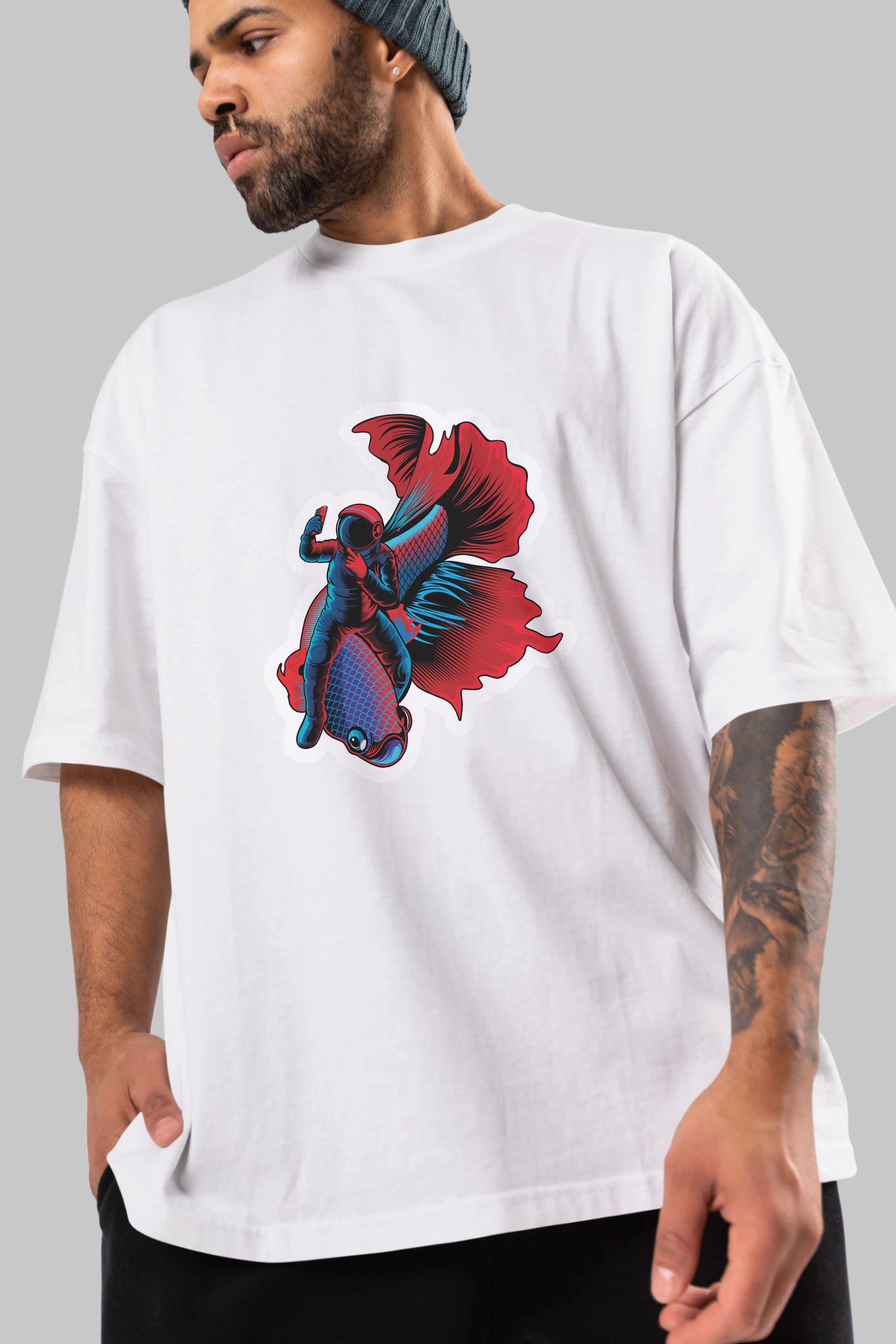 Astrofish selfie sticker Ön Baskılı Oversize t-shirt Erkek Kadın Unisex