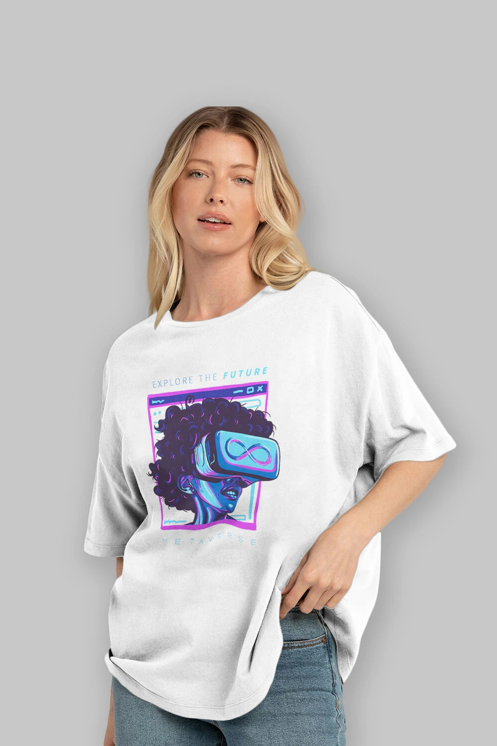 Metaverse Ön Baskılı Oversize t-shirt Erkek Kadın Unisex