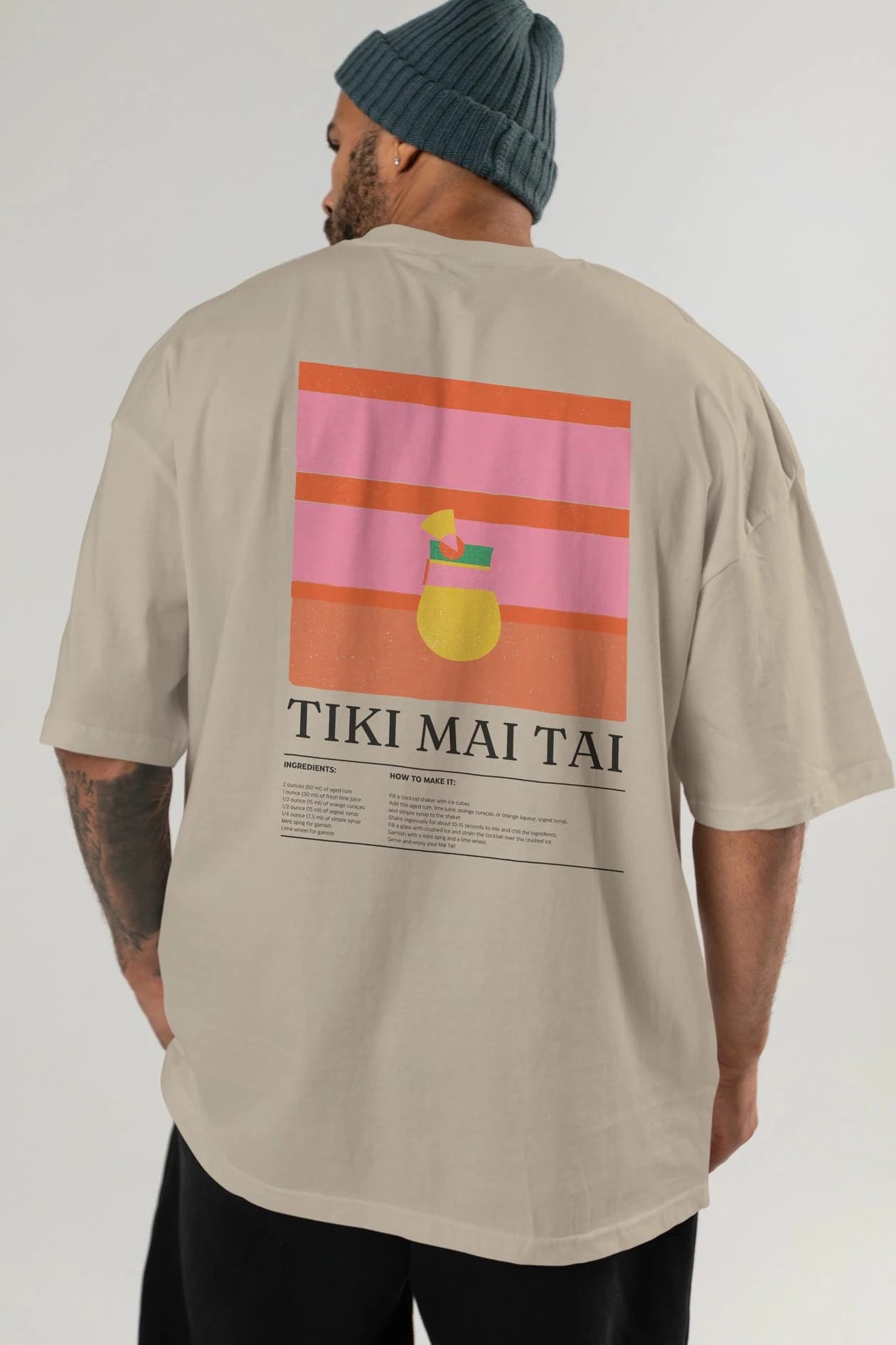 Tiki Mai Tai Kokteyl Serisi Arka Baskılı Oversize t-shirt Erkek Kadın %100 Pamuk Bisiklet Yaka tişort