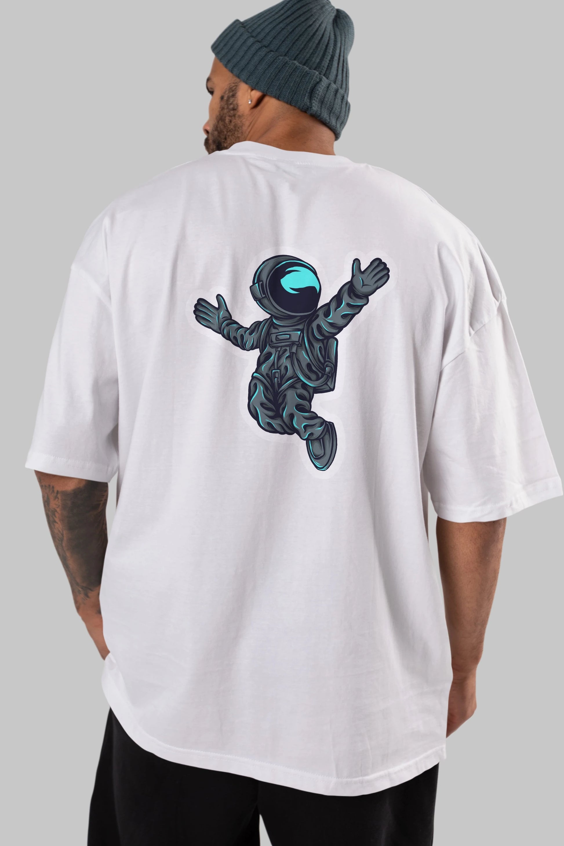 Happy Astronaut Sticker Arka Baskılı Oversize t-shirt Erkek Kadın Unisex