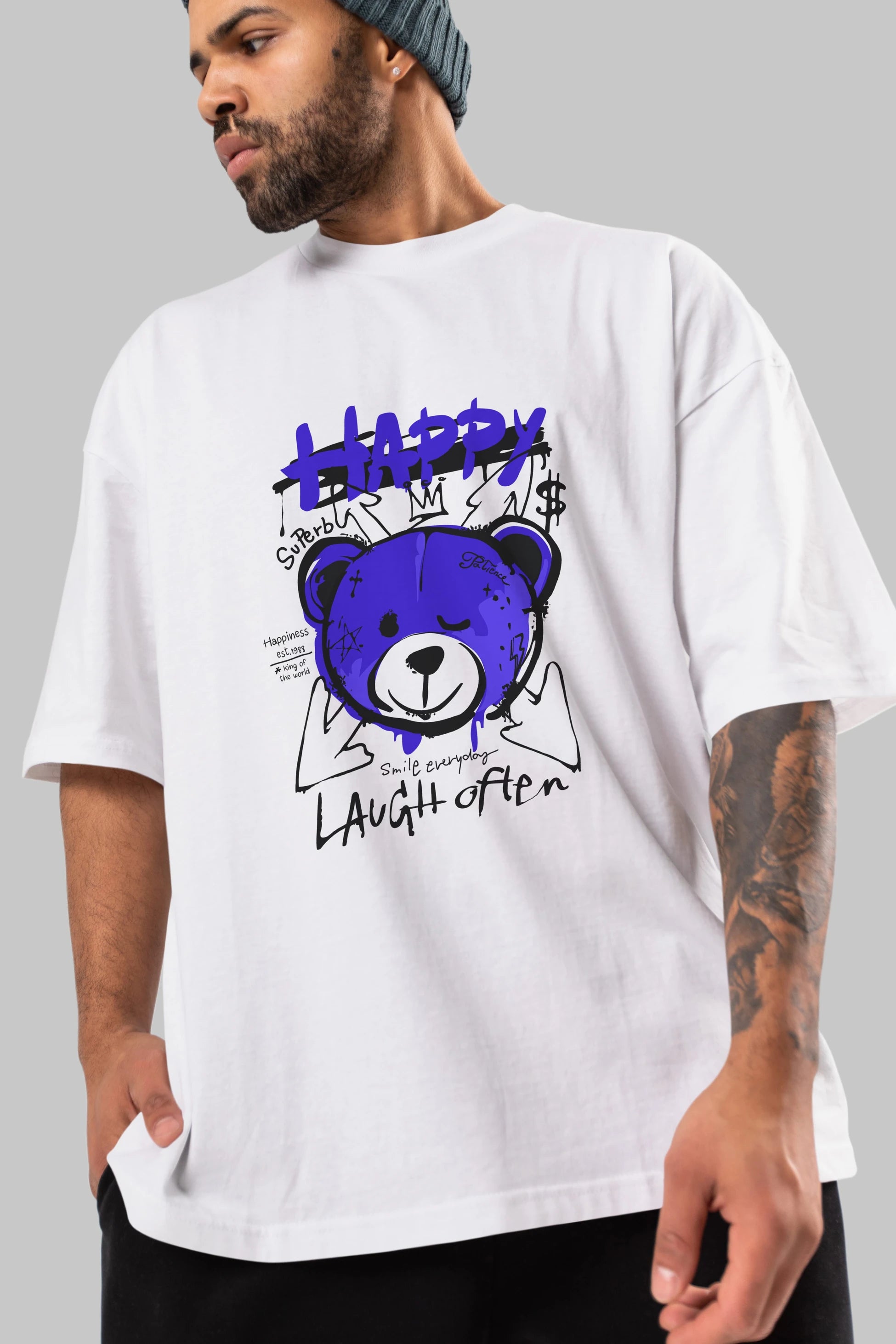 Happy Bear Ön Baskılı Oversize t-shirt Erkek Kadın Unisex