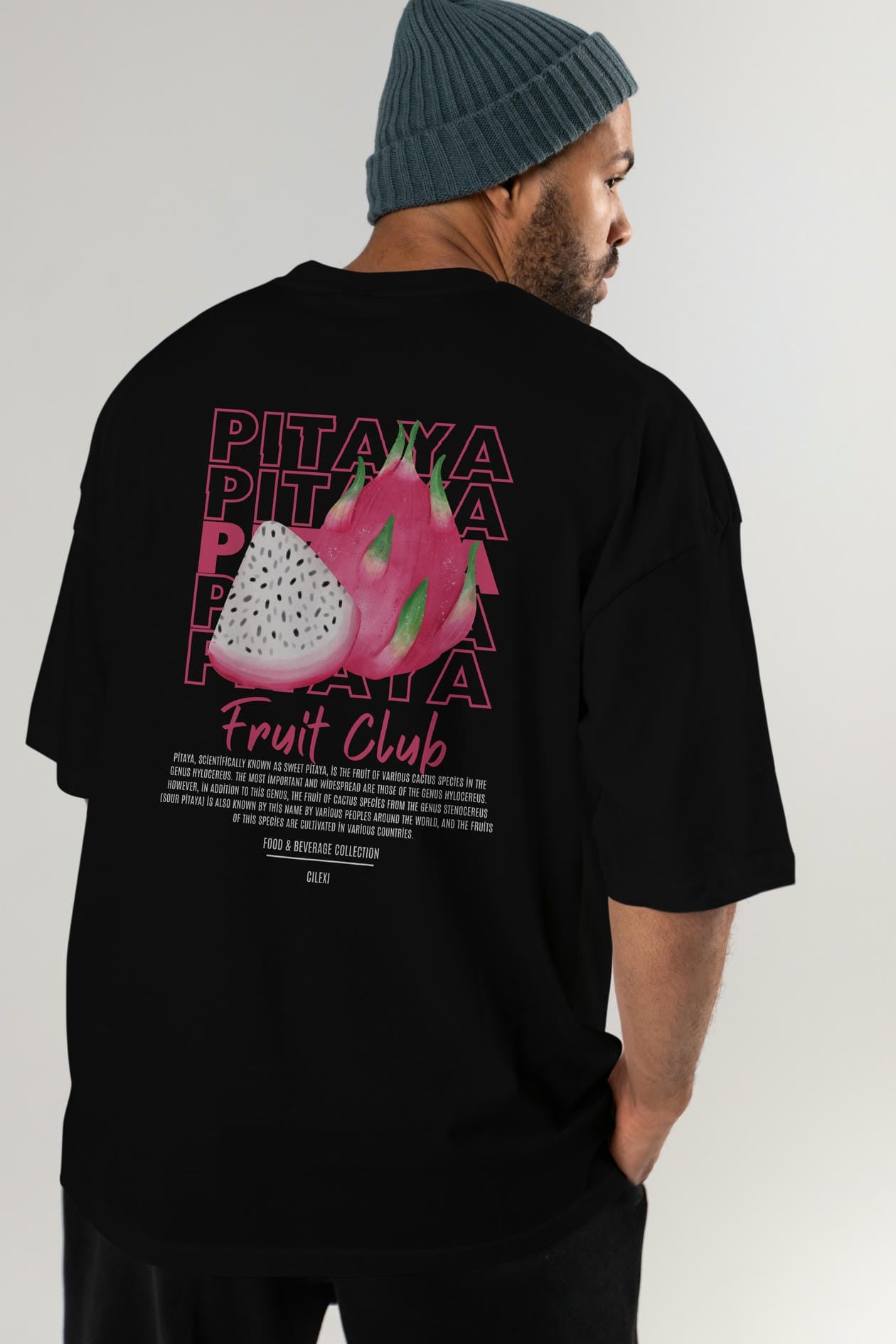 Pitaya Arka Baskılı Oversize t-shirt Erkek Kadın Pamuk Bisiklet Yaka tişort