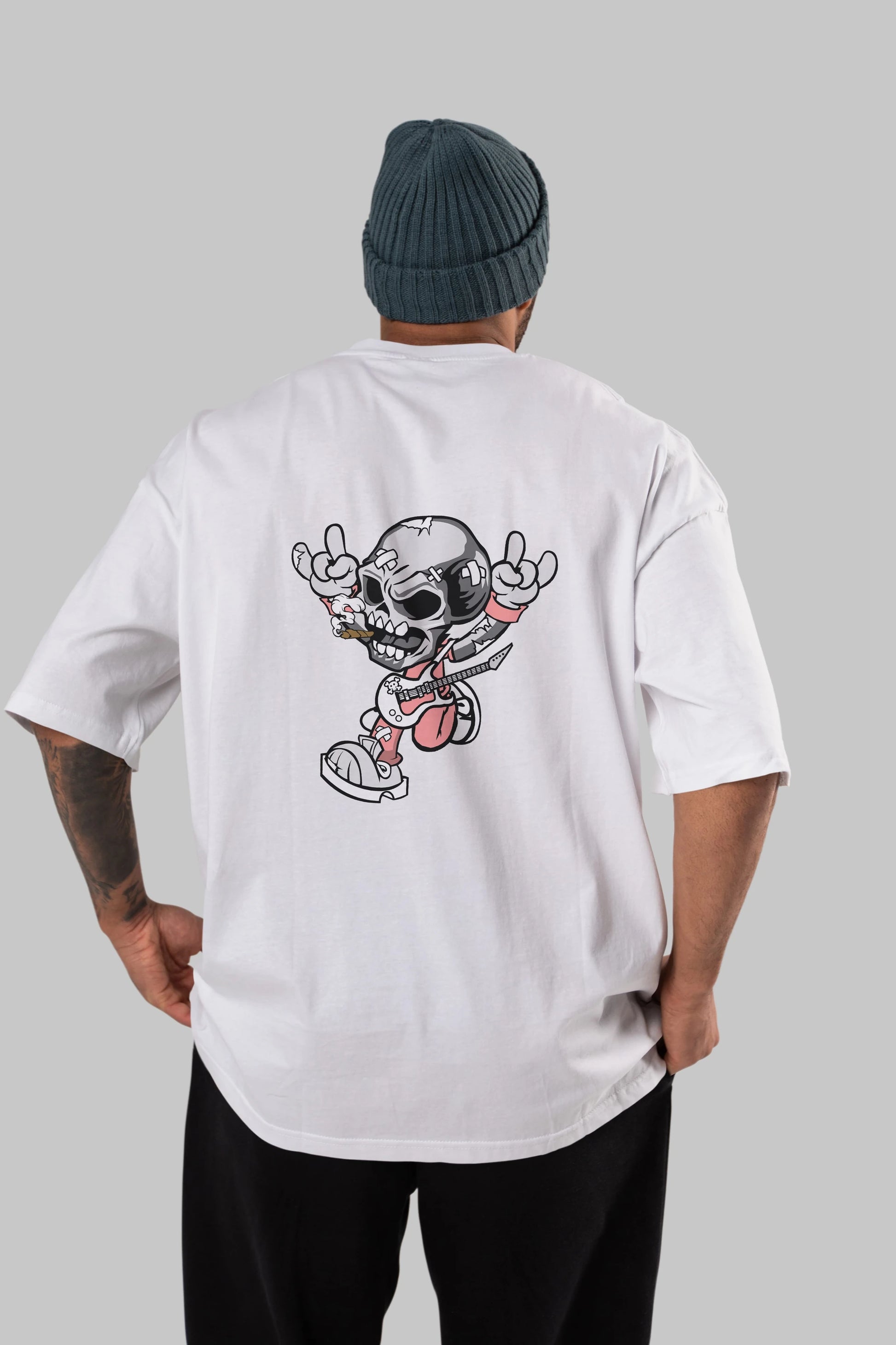 Skull Metal Sign Arka Baskılı Oversize t-shirt Erkek Kadın Unisex %100 Pamuk tişort