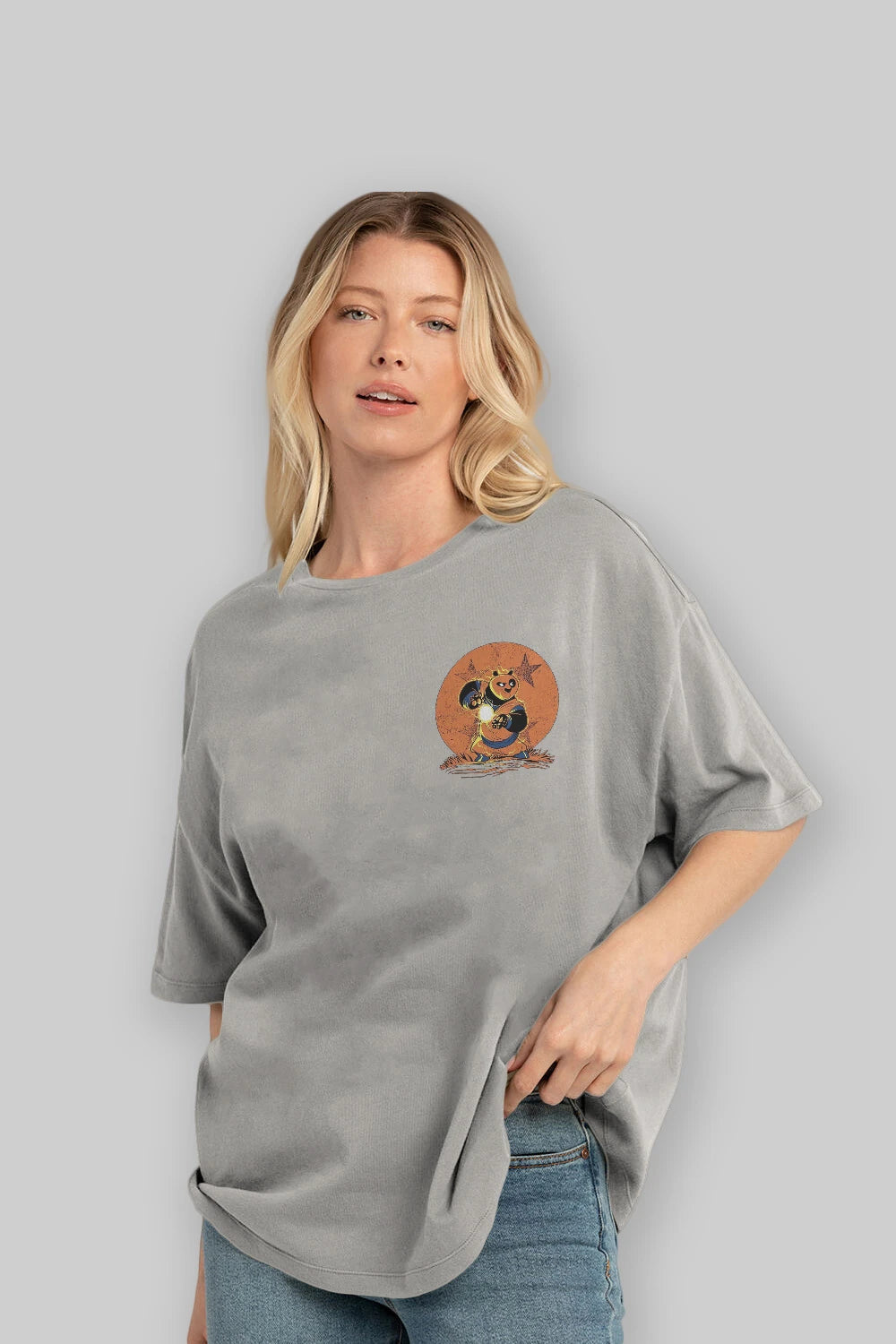 Kung Fu Panda Ön Sol Baskılı Oversize t-shirt Erkek Kadın Unisex %100 Pamuk Bisiklet Yaka tişort