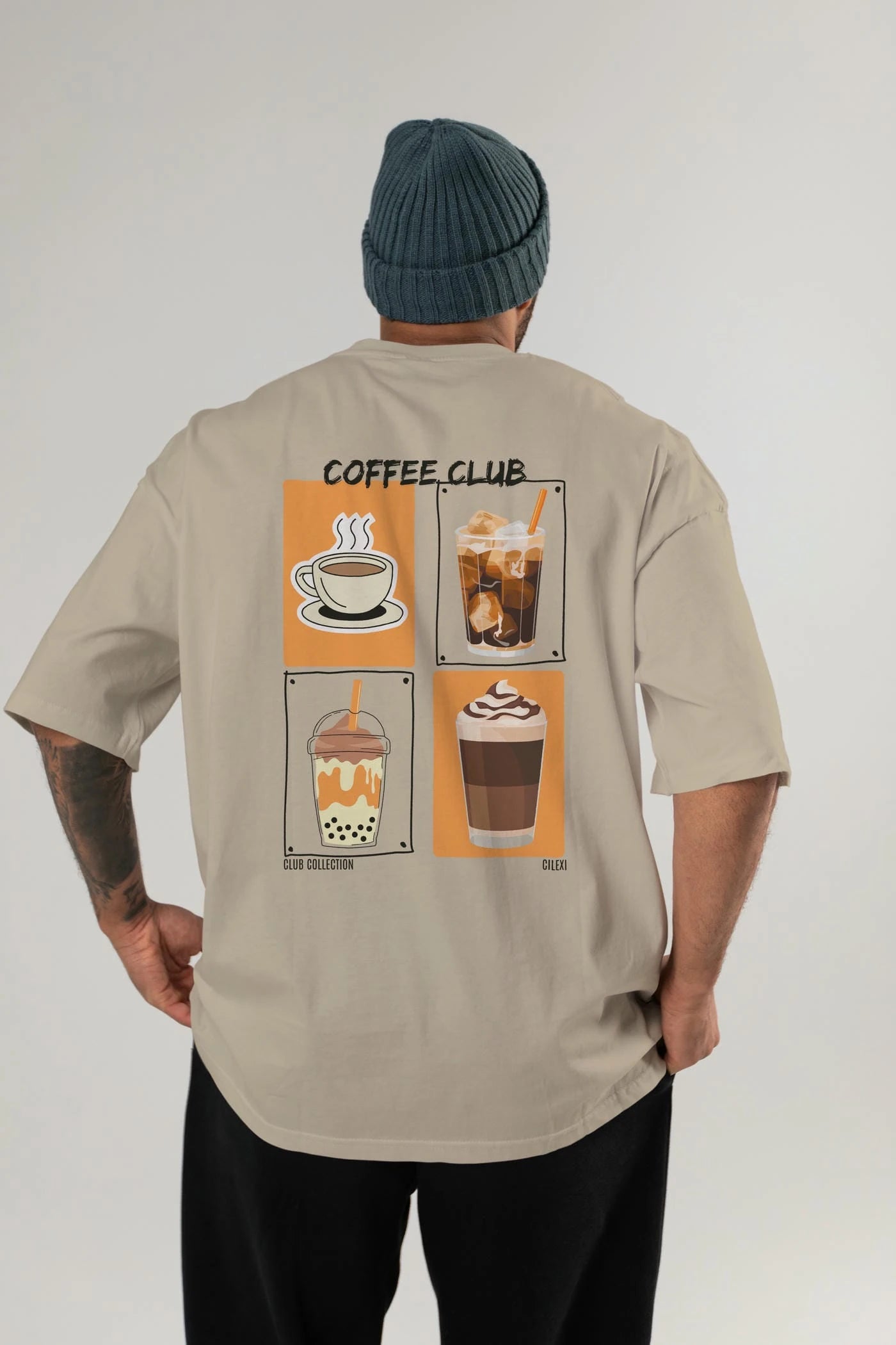 Coffee Club Arka Baskılı Oversize t-shirt Erkek Kadın %100 Pamuk Bisiklet Yaka tişort