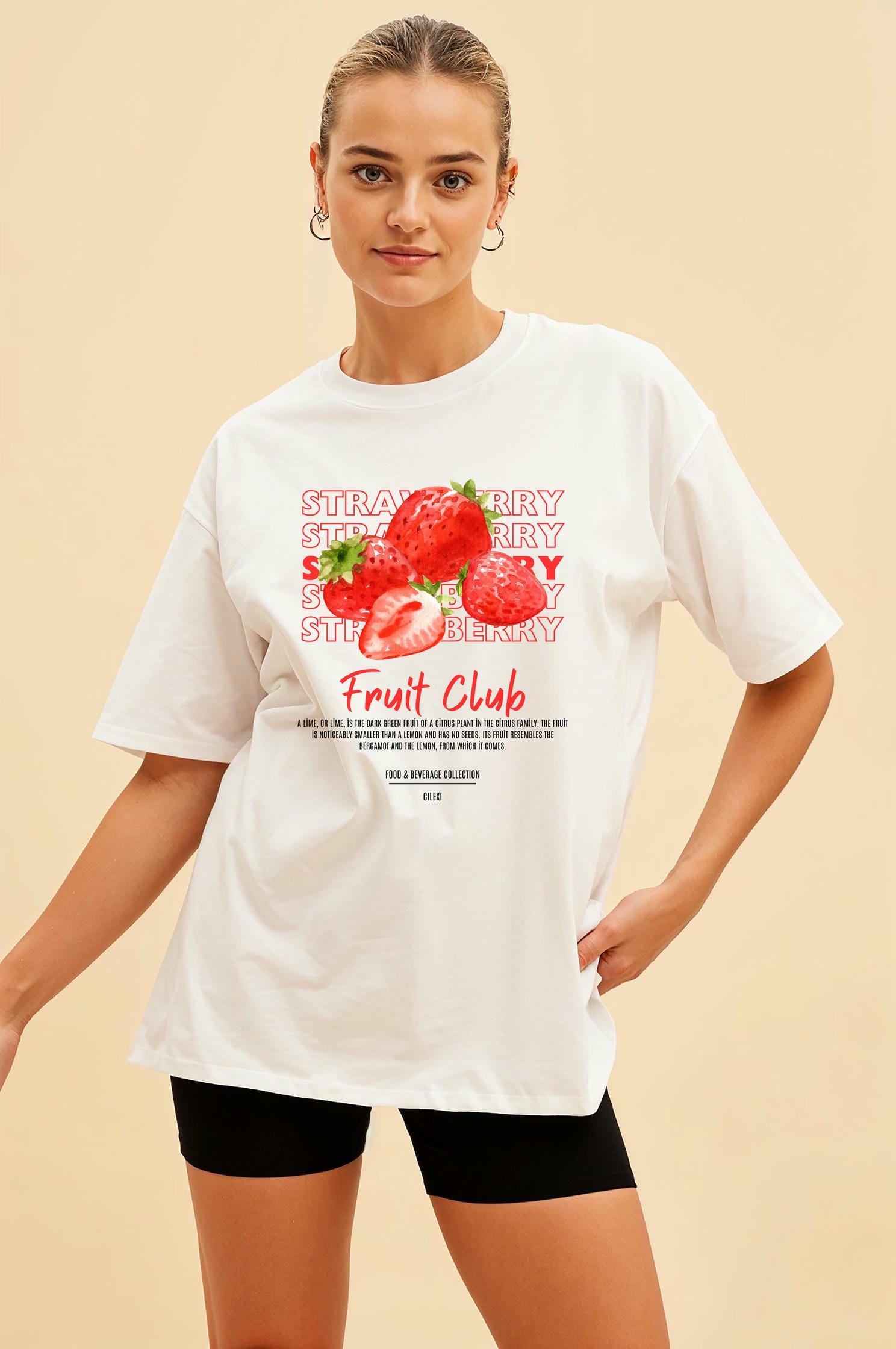 Strawberry Ön Baskılı Oversize t-shirt Erkek Kadın Pamuk Bisiklet Yaka tişort