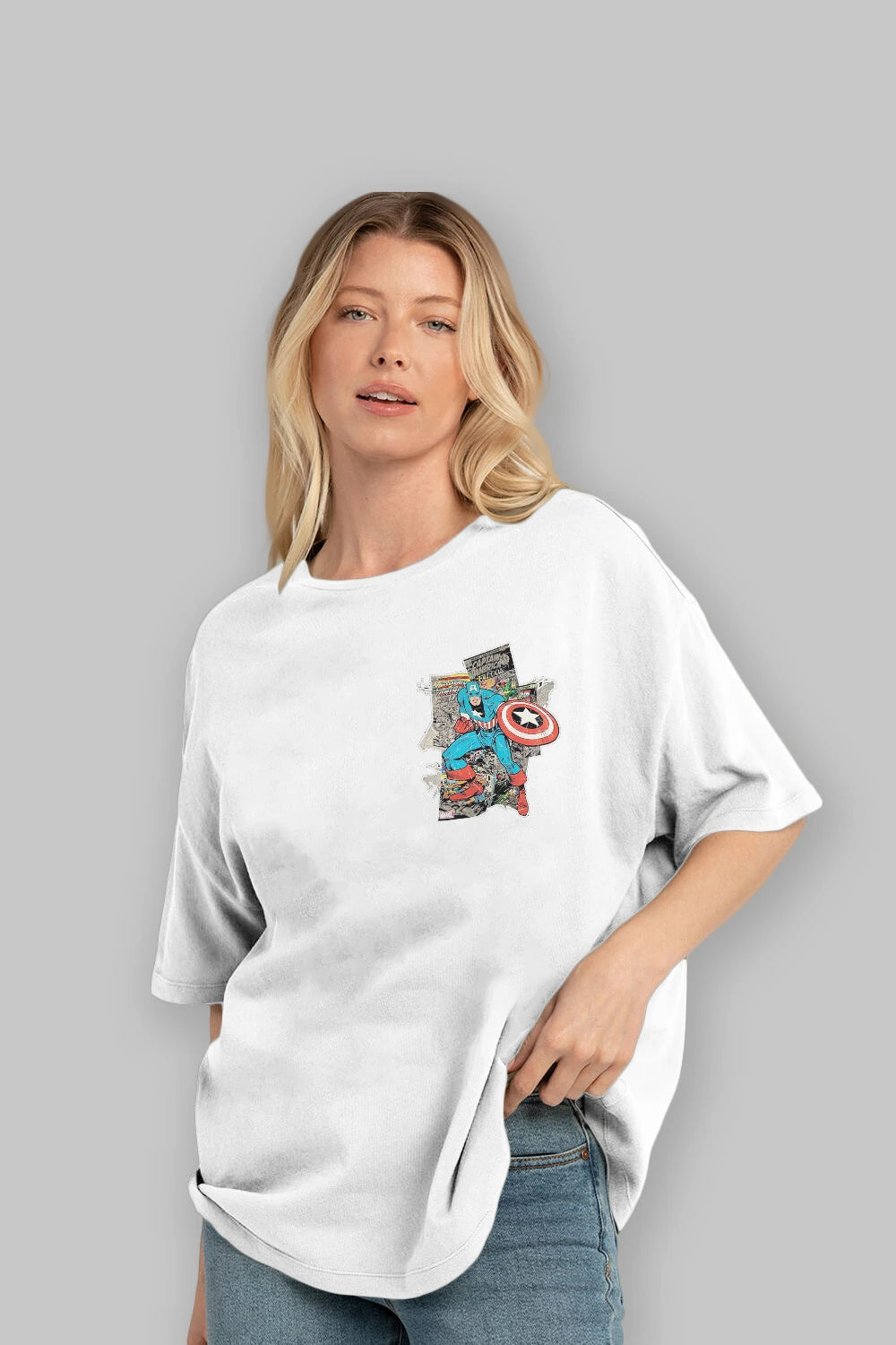 Captain America (2) Ön Sol Baskılı Oversize t-shirt Erkek Kadın Unisex %100 Pamuk Bisiklet Yaka tişort