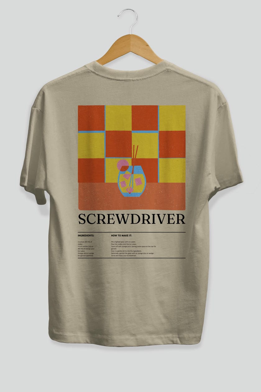 Screwdriver Kokteyl Serisi Arka Baskılı Oversize t-shirt Erkek Kadın %100 Pamuk Bisiklet Yaka tişort
