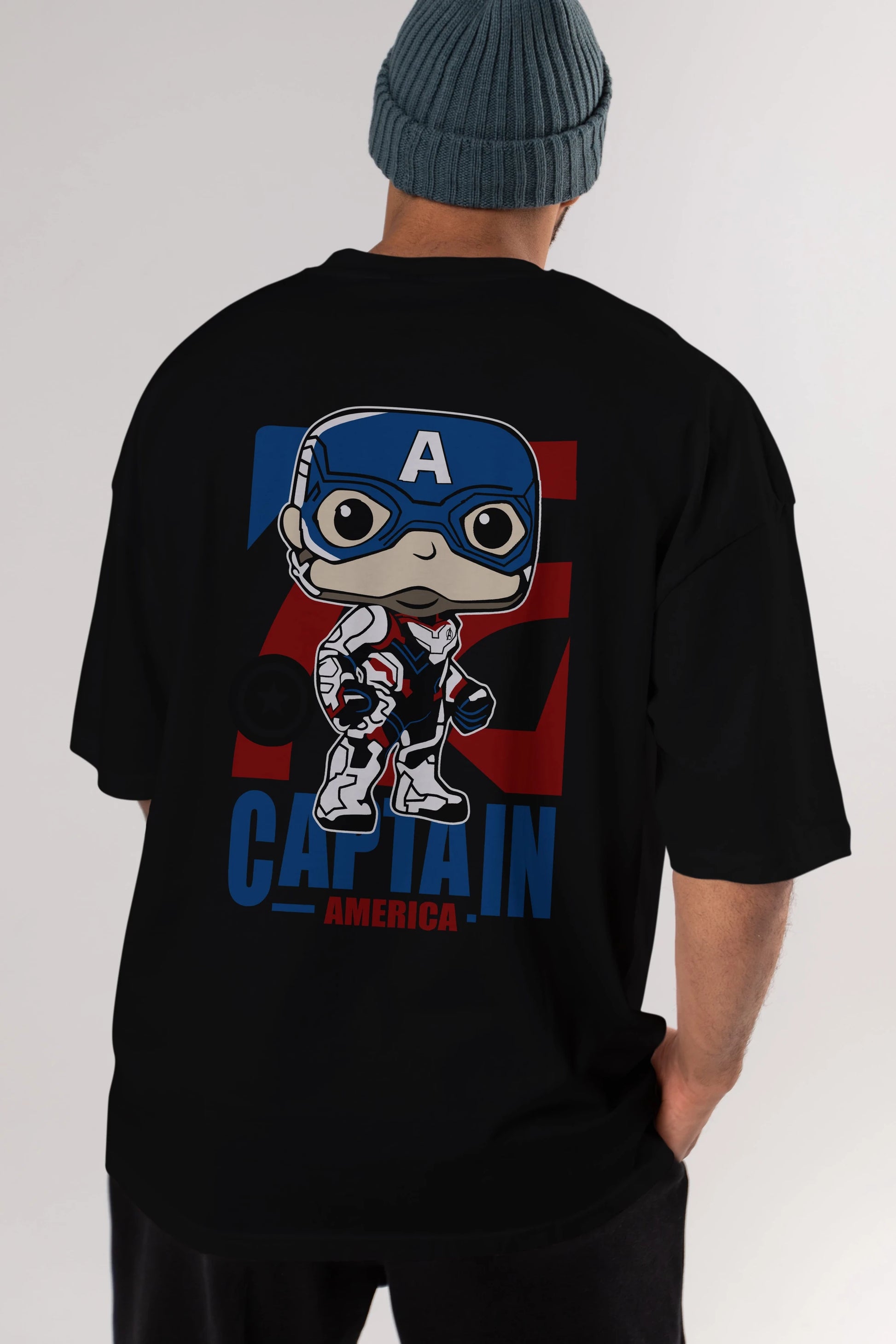 Captain America Arka Baskılı Oversize t-shirt Erkek Kadın Unisex %100 Pamuk Bisiklet Yaka tişort