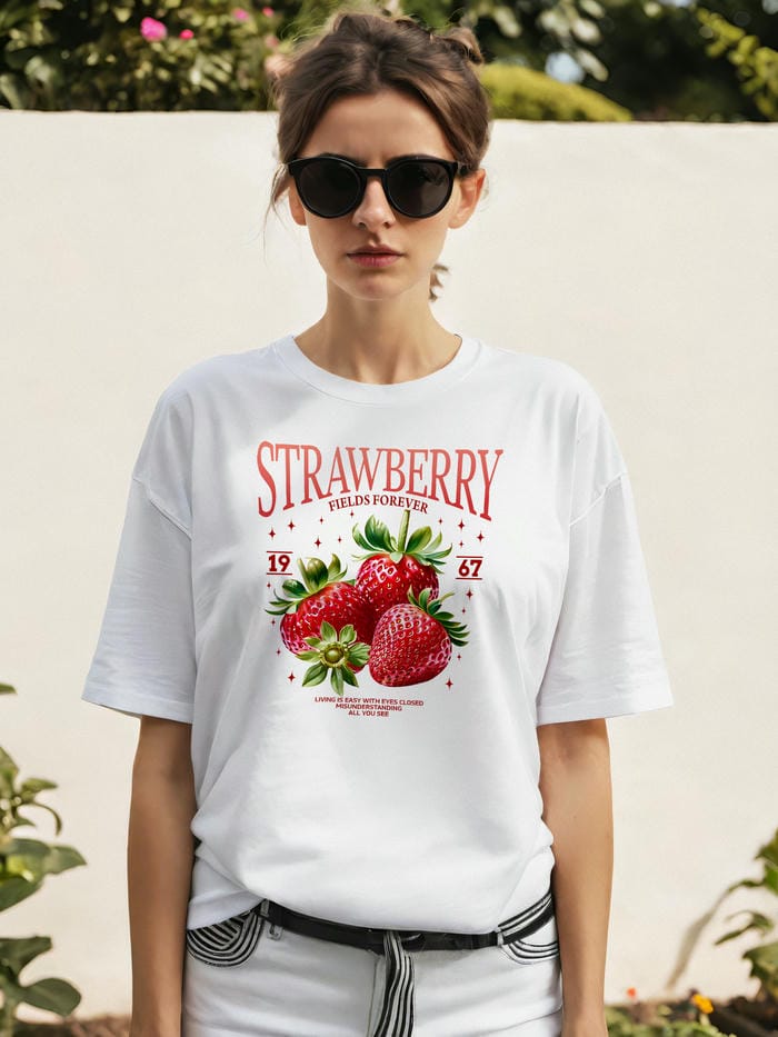 Strawberry Ön Baskılı Oversize t-shirt Erkek Kadın Pamuk Bisiklet Yaka tişort