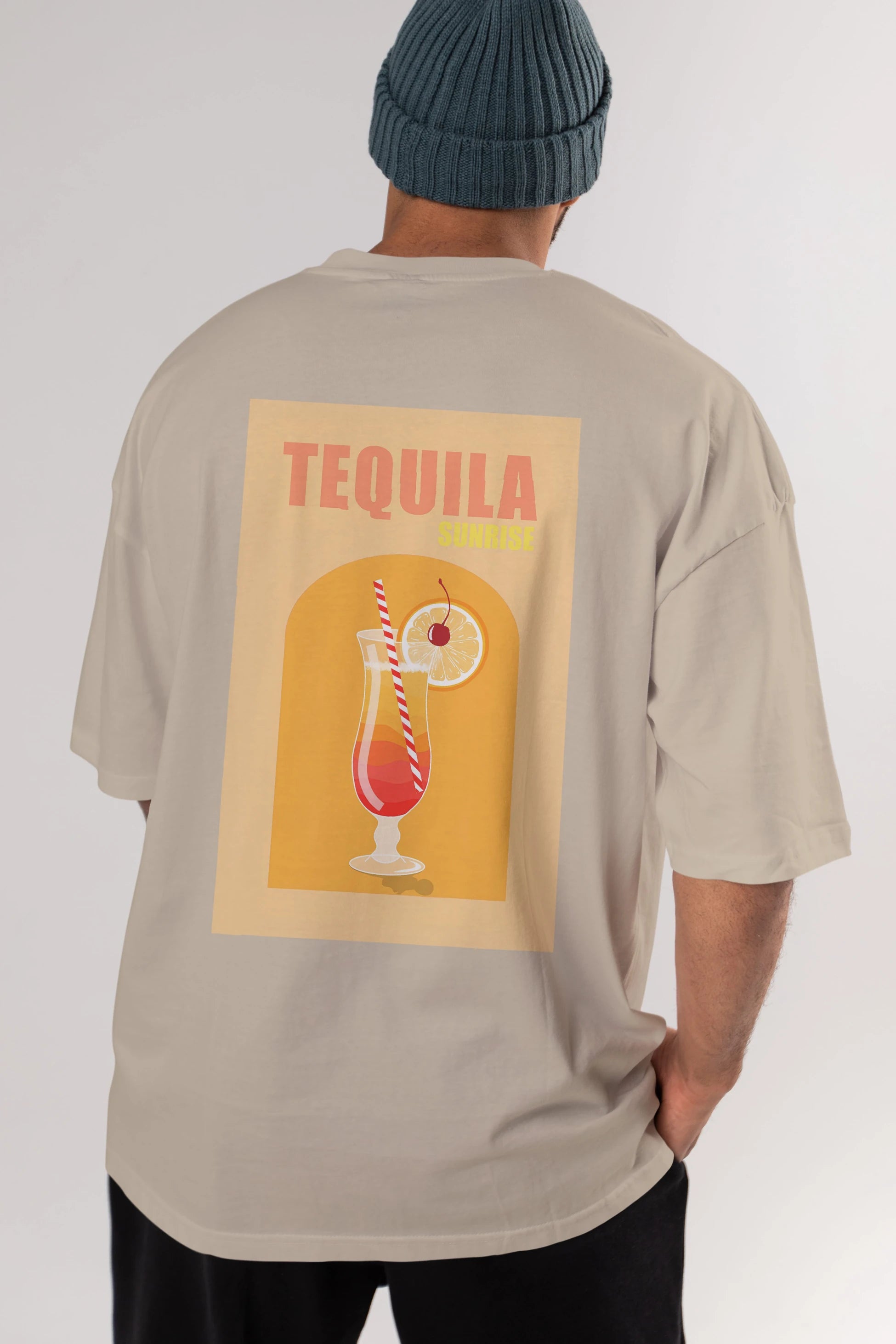 Tequila Sunrise Arka Baskılı Oversize t-shirt Erkek Kadın Unisex %100 Pamuk Bisiklet Yaka tişort