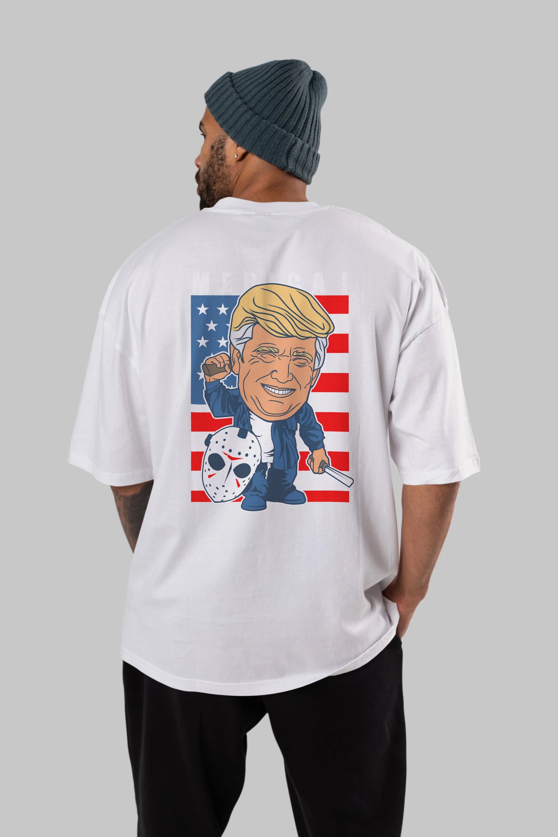 Jason Voorhess Trump Arka Baskılı Oversize t-shirt Erkek Kadın Unisex %100 Pamuk tişort