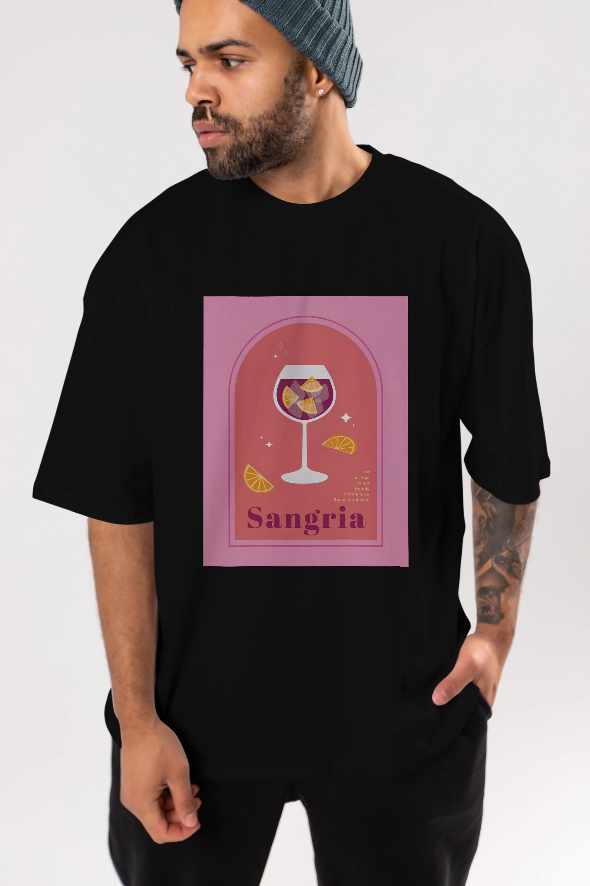 Sangria Ön Baskılı Oversize t-shirt Erkek Kadın Unisex %100 Pamuk Bisiklet Yaka tişort