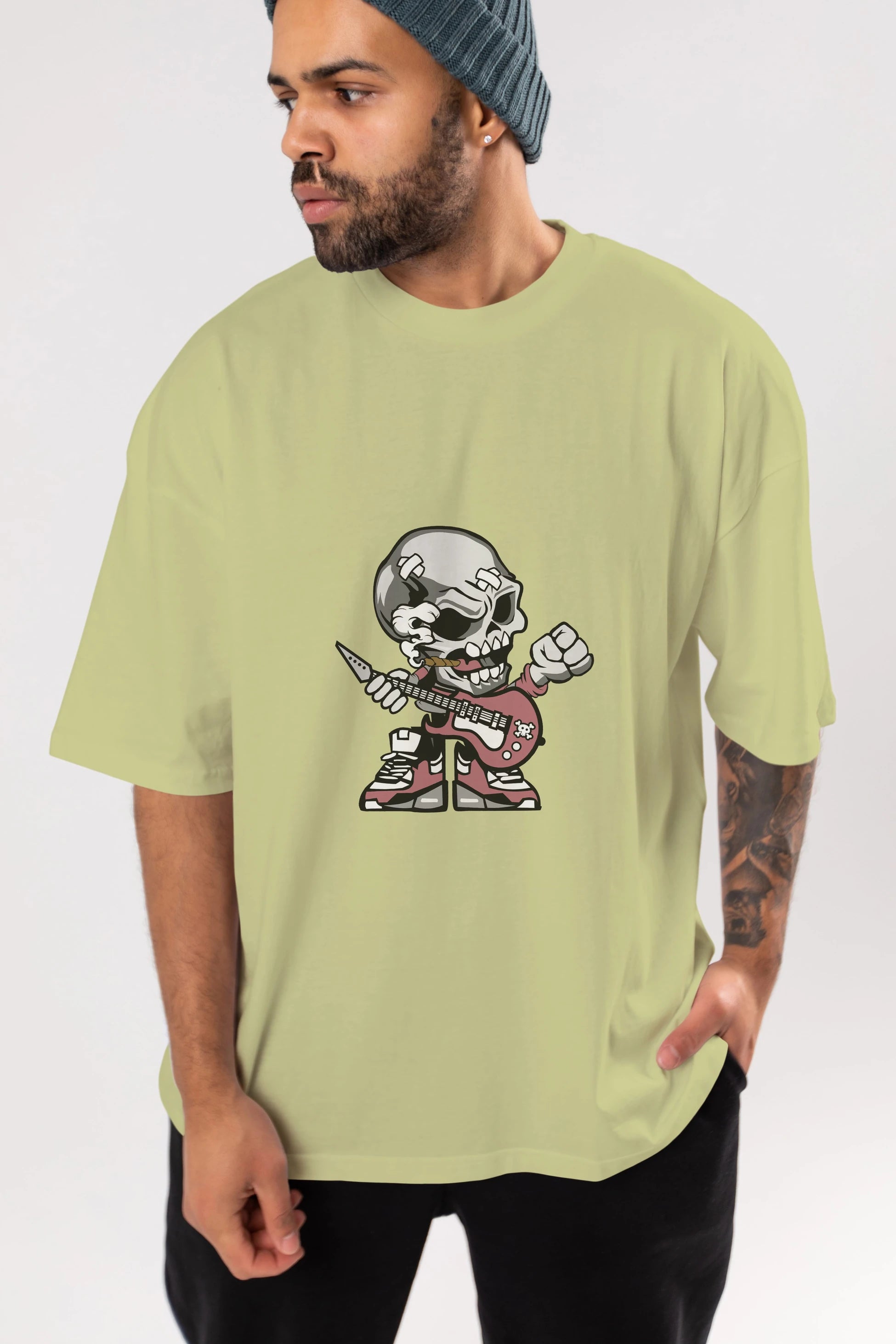 Skull Rockstar Ön Baskılı Oversize t-shirt Erkek Kadın Unisex %100 Pamuk tişort