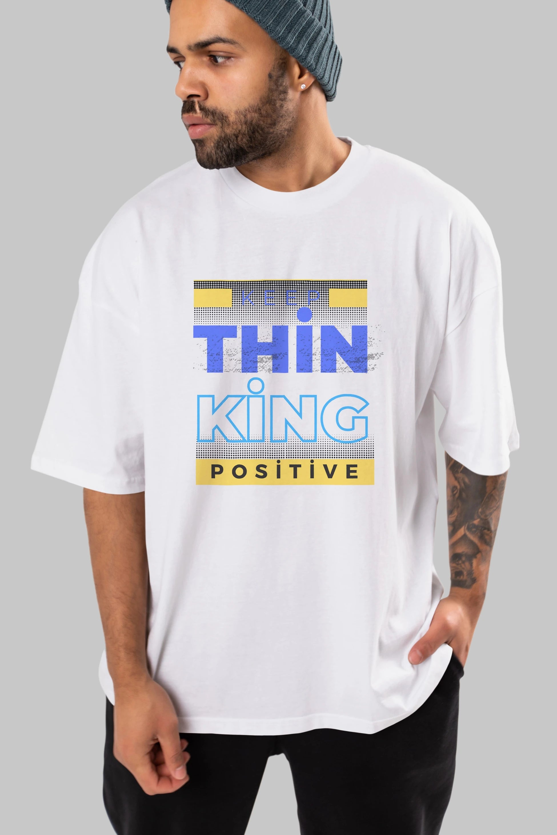 Keep Thinking Positive Yazılı Ön Baskılı Oversize t-shirt Erkek Kadın Unisex