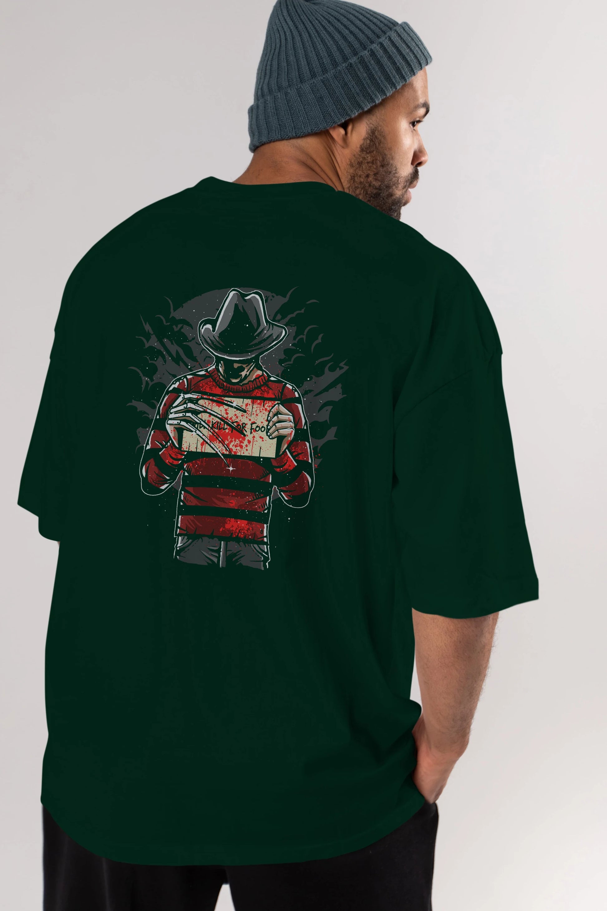 Freddy Will Kill For Food Arka Baskılı Oversize t-shirt Erkek Kadın Unisex %100 Pamuk