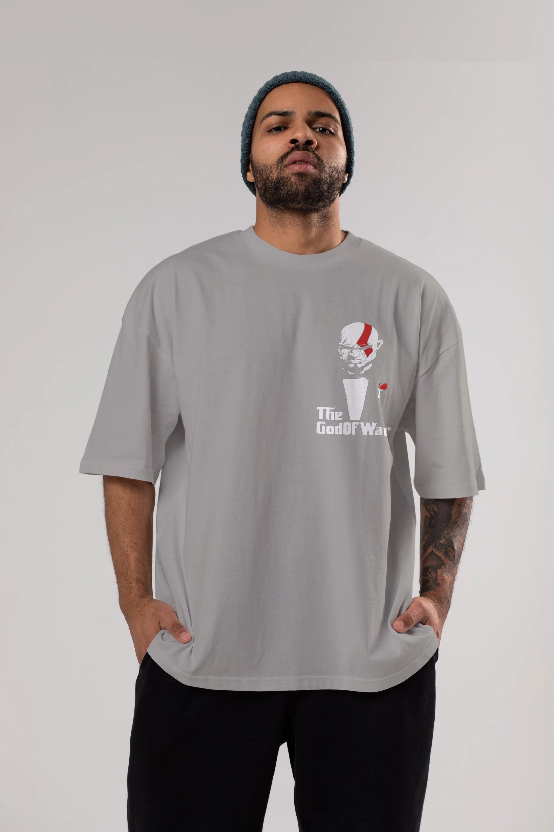 The God of War Ön Sol Baskılı Oversize t-shirt Erkek Kadın Unisex %100 Pamuk Bisiklet Yaka tişort