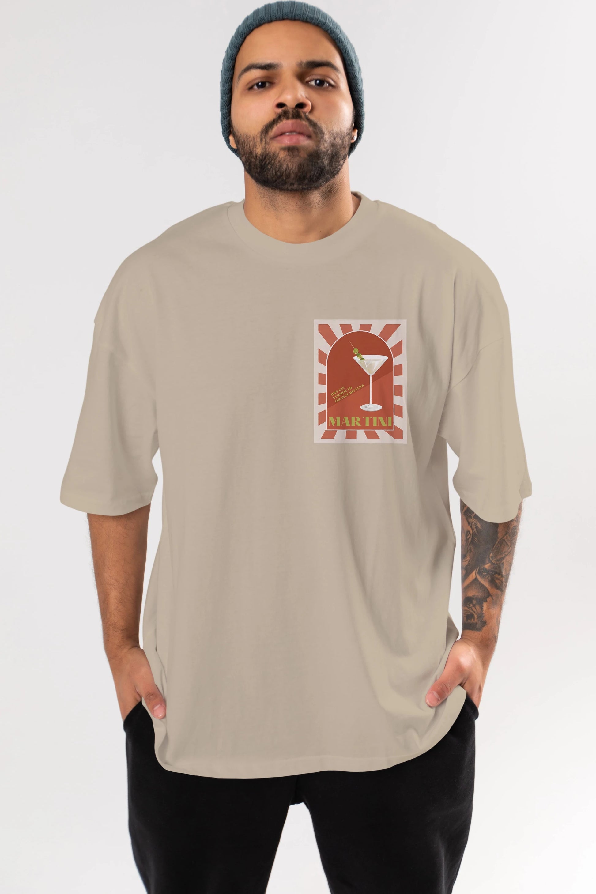 Martini 2 Ön Sol Baskılı Oversize t-shirt Erkek Kadın Unisex %100 Pamuk Bisiklet Yaka tişort