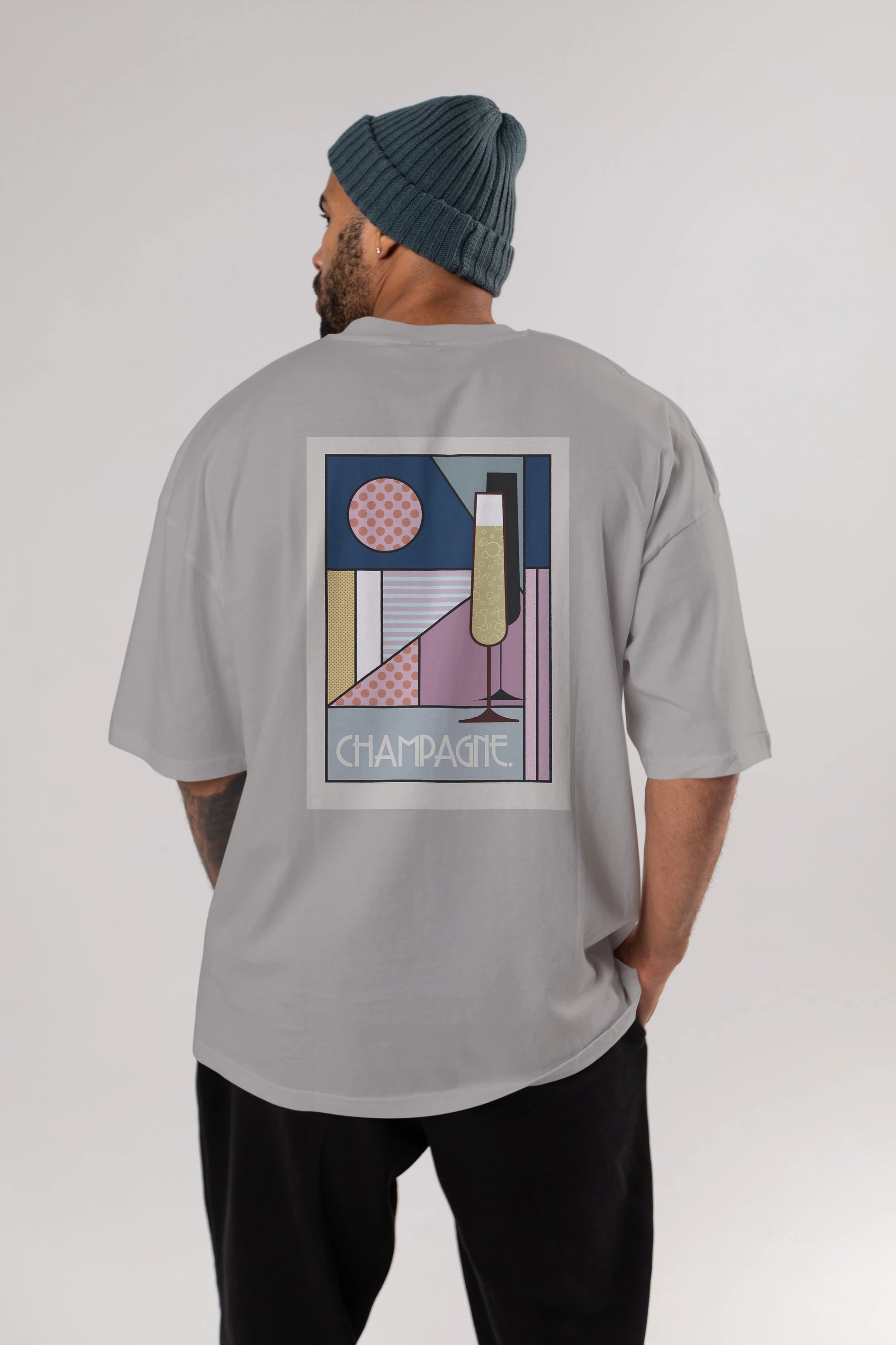 Champagne Arka Baskılı Oversize t-shirt Erkek Kadın Unisex %100 Pamuk Bisiklet Yaka tişort