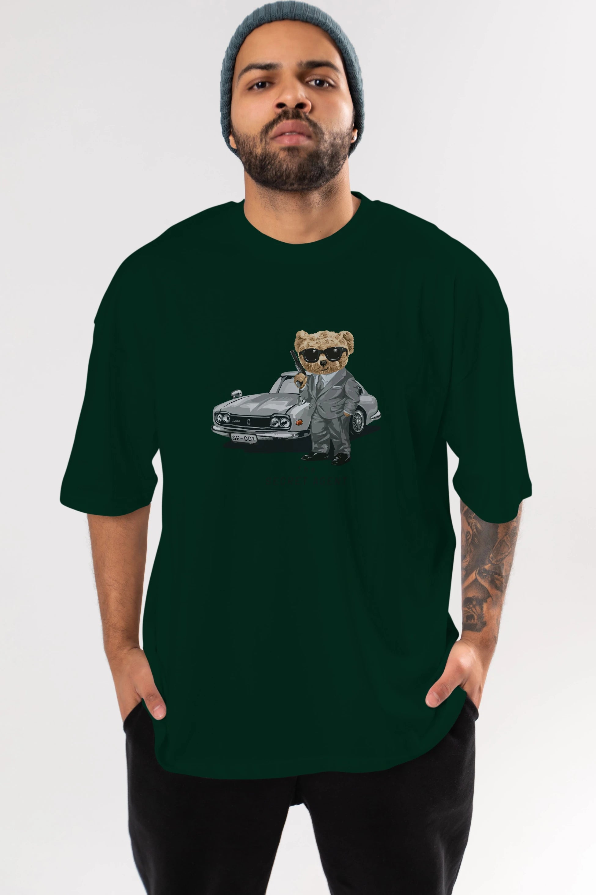 Teddy Bear The Secret Agent Ön Baskılı Oversize t-shirt Erkek Kadın Unisex %100 Pamuk