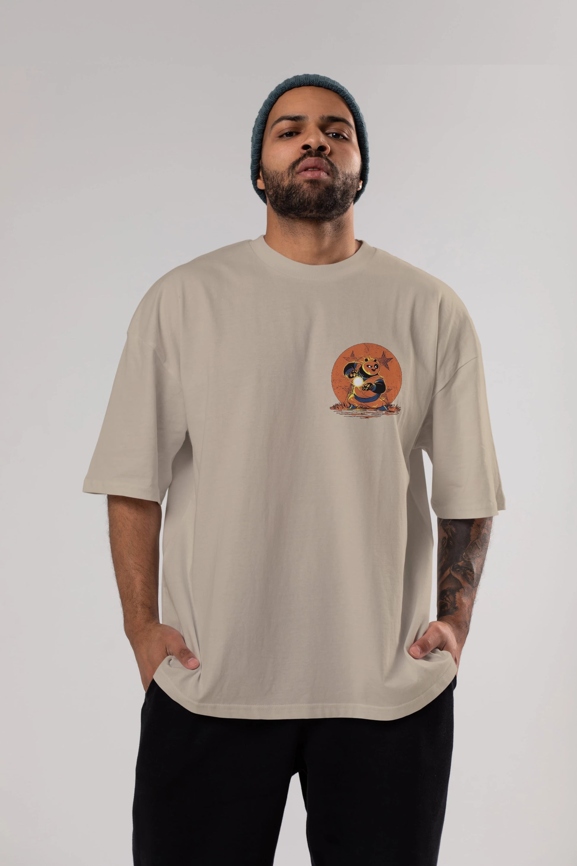 Kung Fu Panda Ön Sol Baskılı Oversize t-shirt Erkek Kadın Unisex %100 Pamuk Bisiklet Yaka tişort