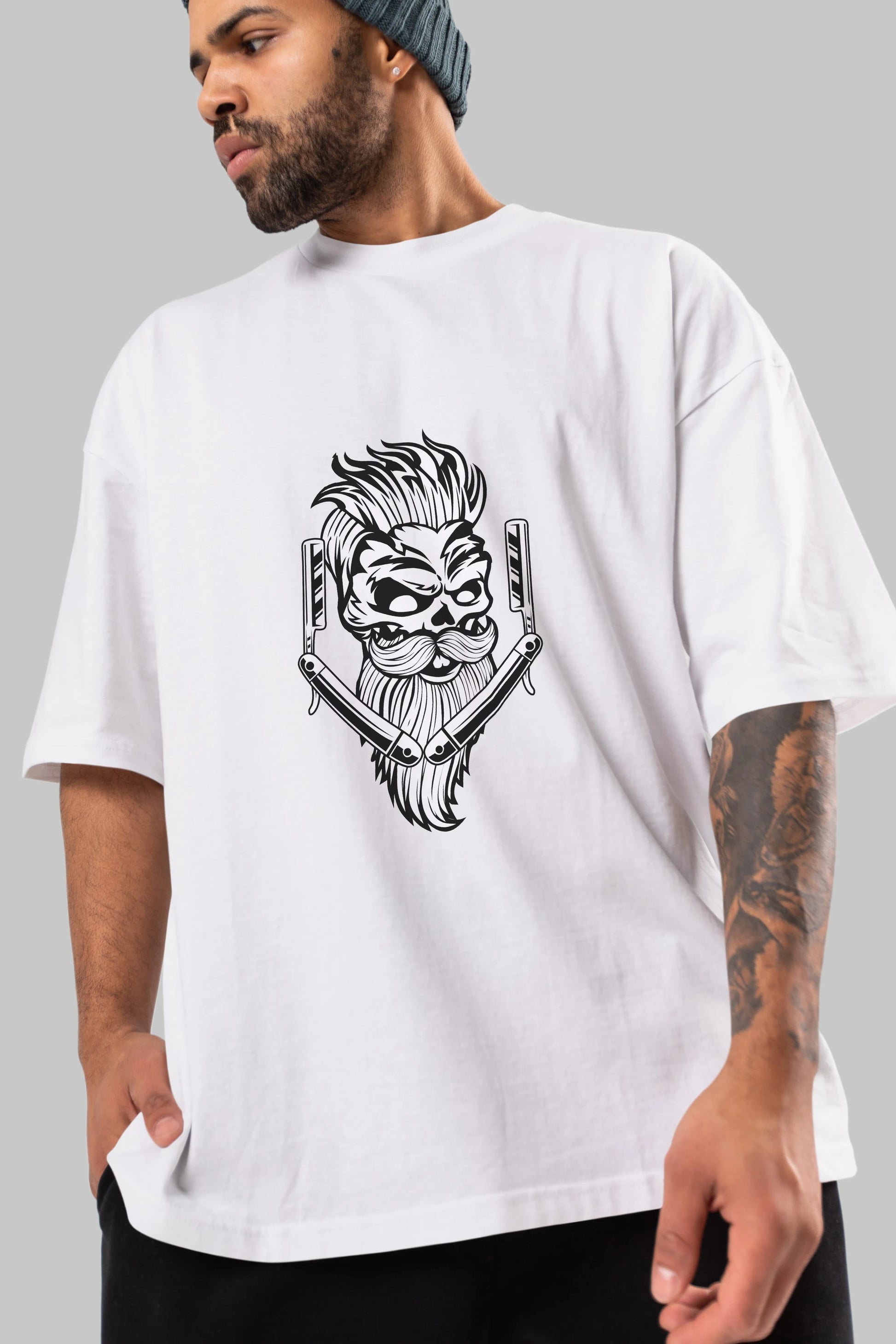 Skull Beard Ön Baskılı Oversize t-shirt Erkek Kadın Unisex %100 Pamuk tişort