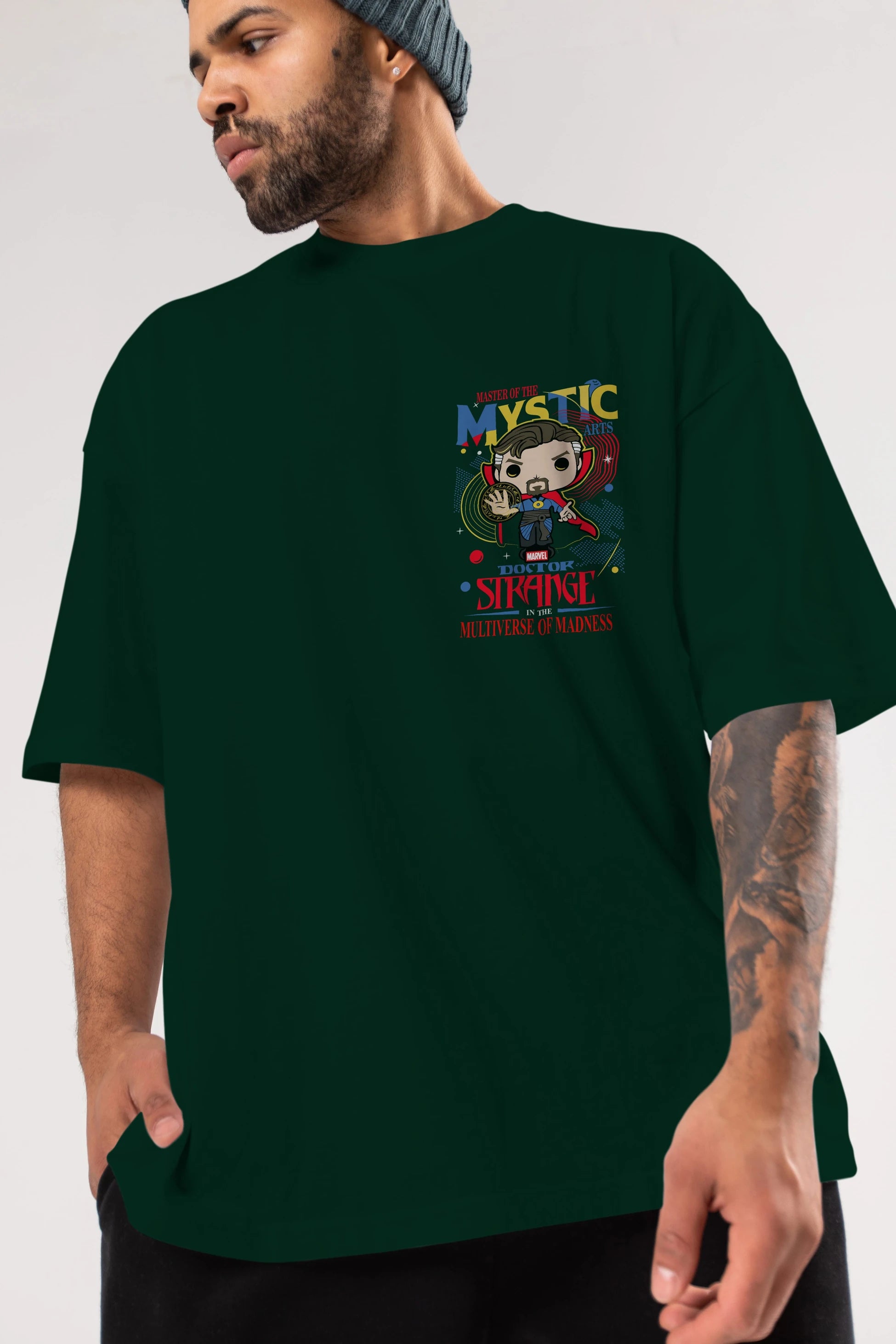 Doctor Strange Ön Sol Baskılı Oversize t-shirt Erkek Kadın Unisex %100 Pamuk Bisiklet Yaka tişort