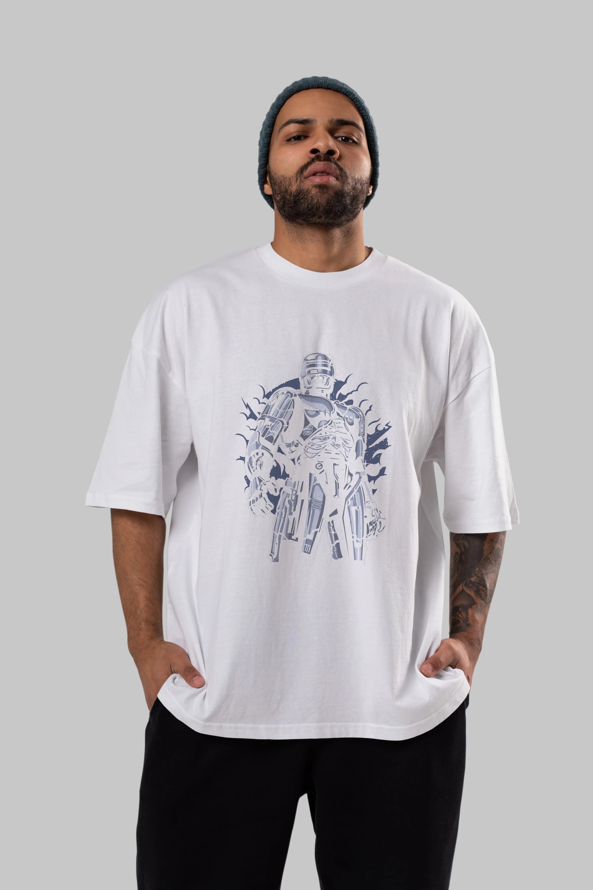Roboskull Ön Baskılı Oversize t-shirt Erkek Kadın Unisex %100 Pamuk tişort