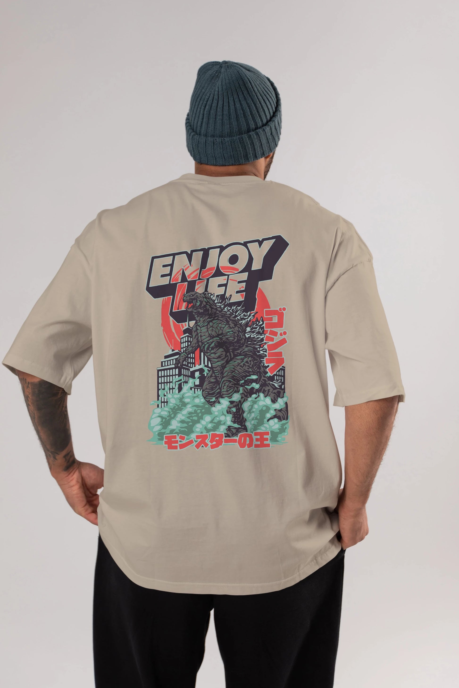 Godzilla Arka Baskılı Oversize t-shirt Erkek Kadın Unisex %100 Pamuk Bisiklet Yaka tişort