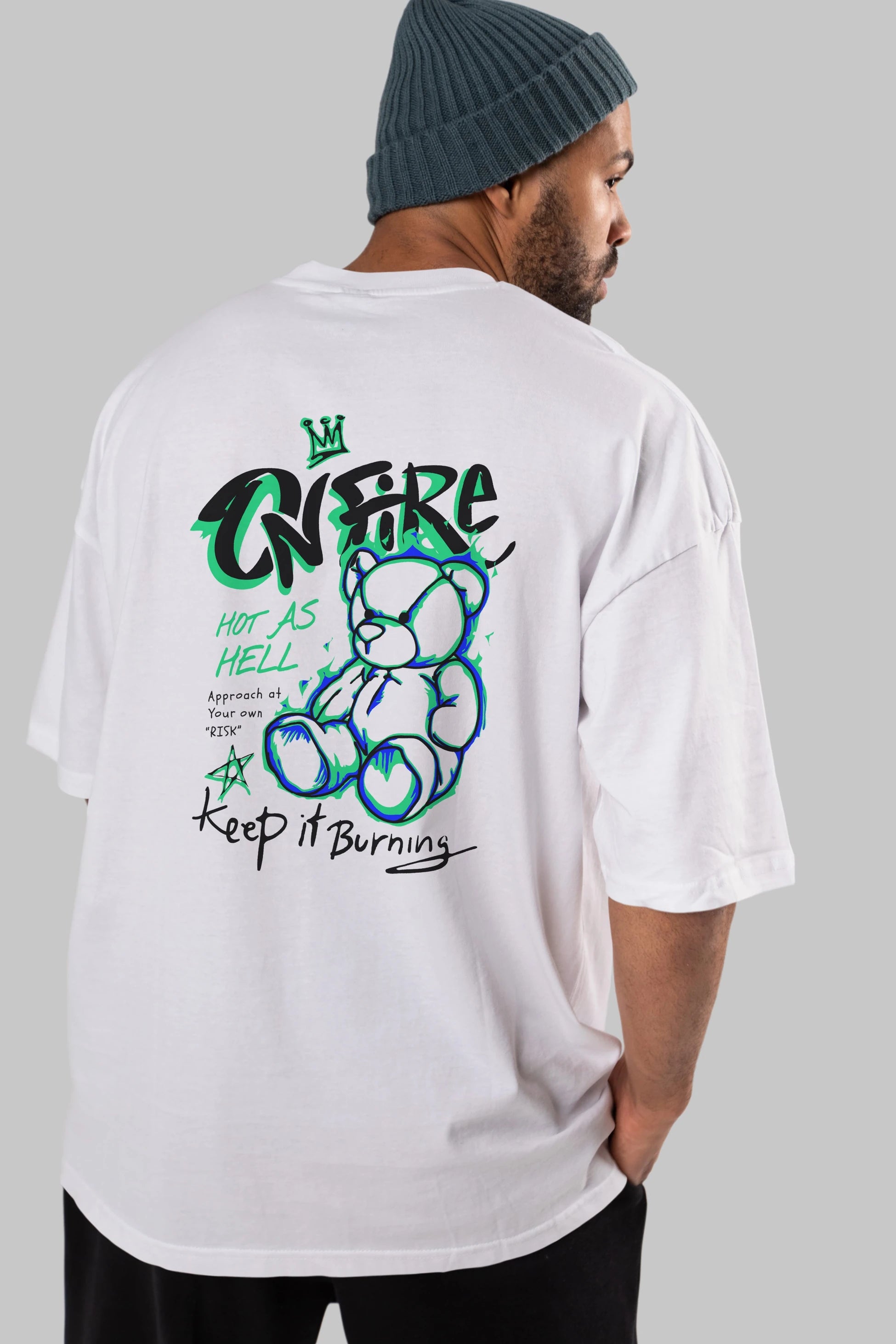 On Fire Bear Arka Baskılı Oversize t-shirt Erkek Kadın Unisex