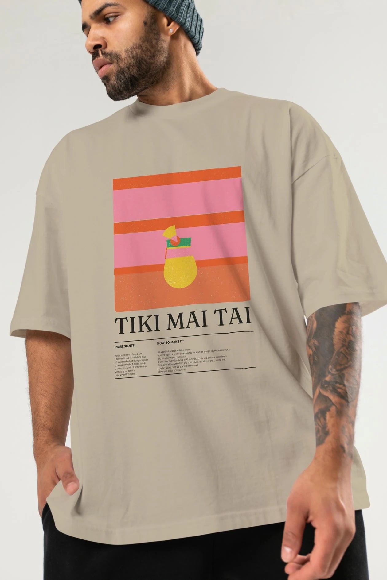 Tiki Mai Tai Kokteyl Ön Baskılı Oversize t-shirt Erkek Kadın %100 Pamuk Bisiklet Yaka tişort