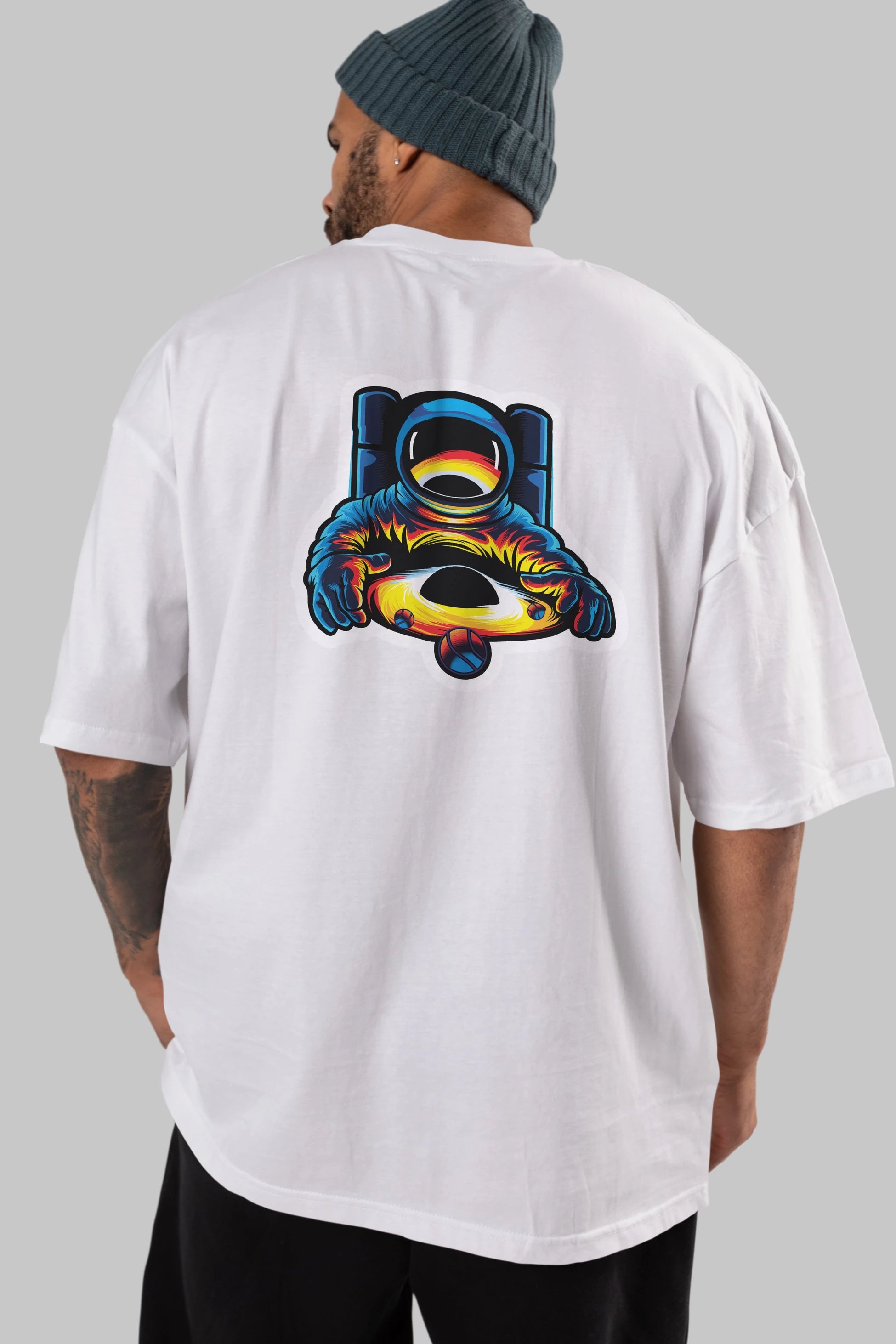 Astronaut & Black Hole Sticker Arka Baskılı Oversize t-shirt Erkek Kadın Unisex