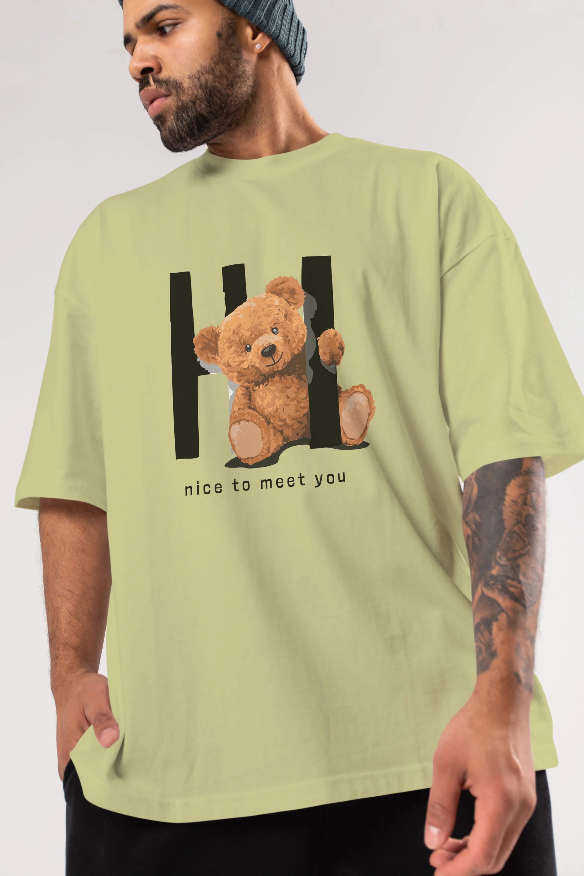 Teddy Bear Hi Nice To Meet You Ön Baskılı Oversize t-shirt Erkek Kadın Unisex %100 Pamuk