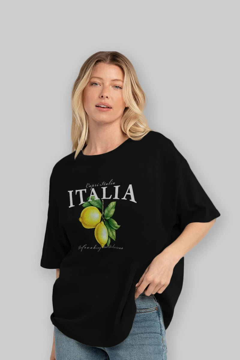 italia Lemon Ön Baskılı Oversize t-shirt Erkek Kadın Pamuk Bisiklet Yaka tişort - Cilexi