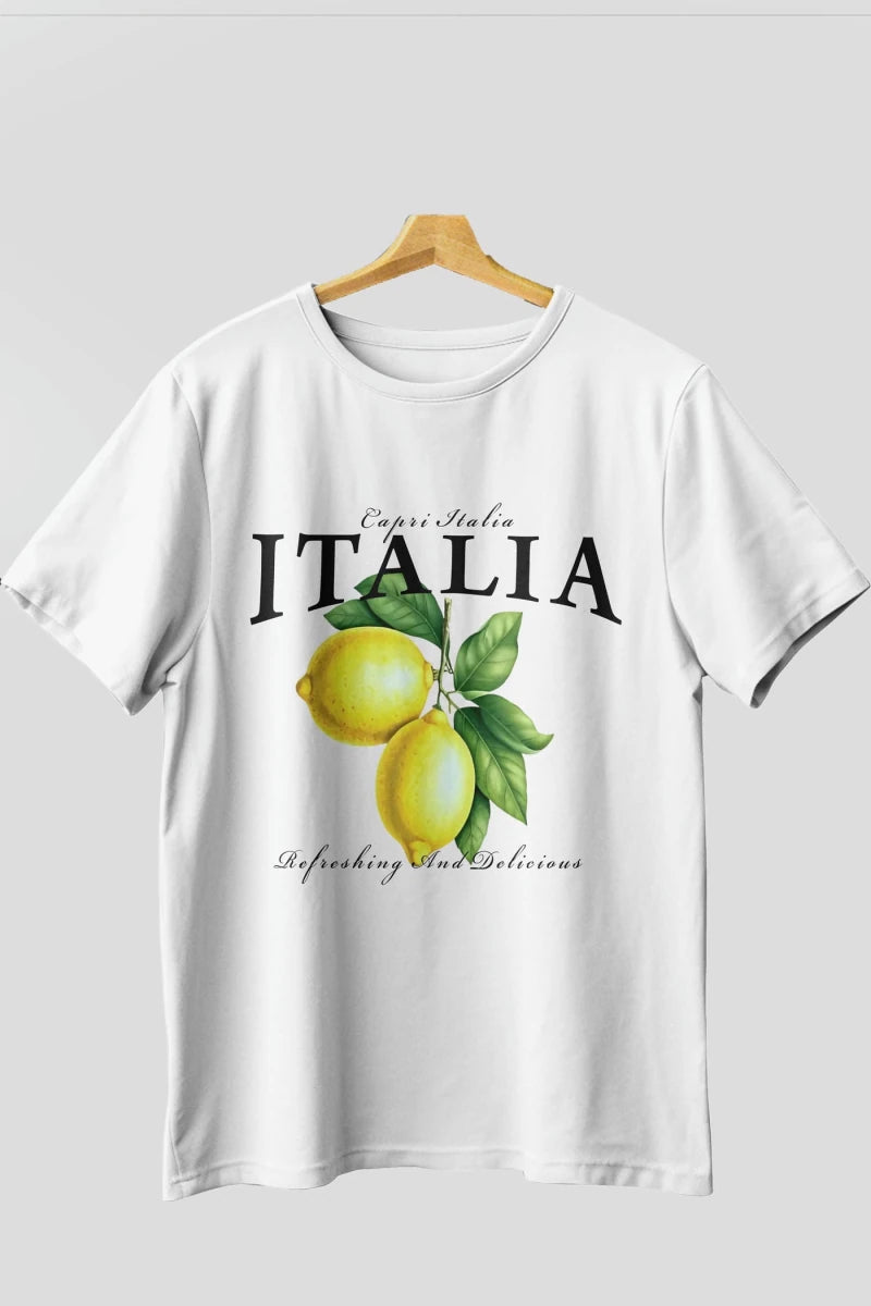 italia Lemon Ön Baskılı Oversize t-shirt Erkek Kadın Pamuk Bisiklet Yaka tişort - Cilexi