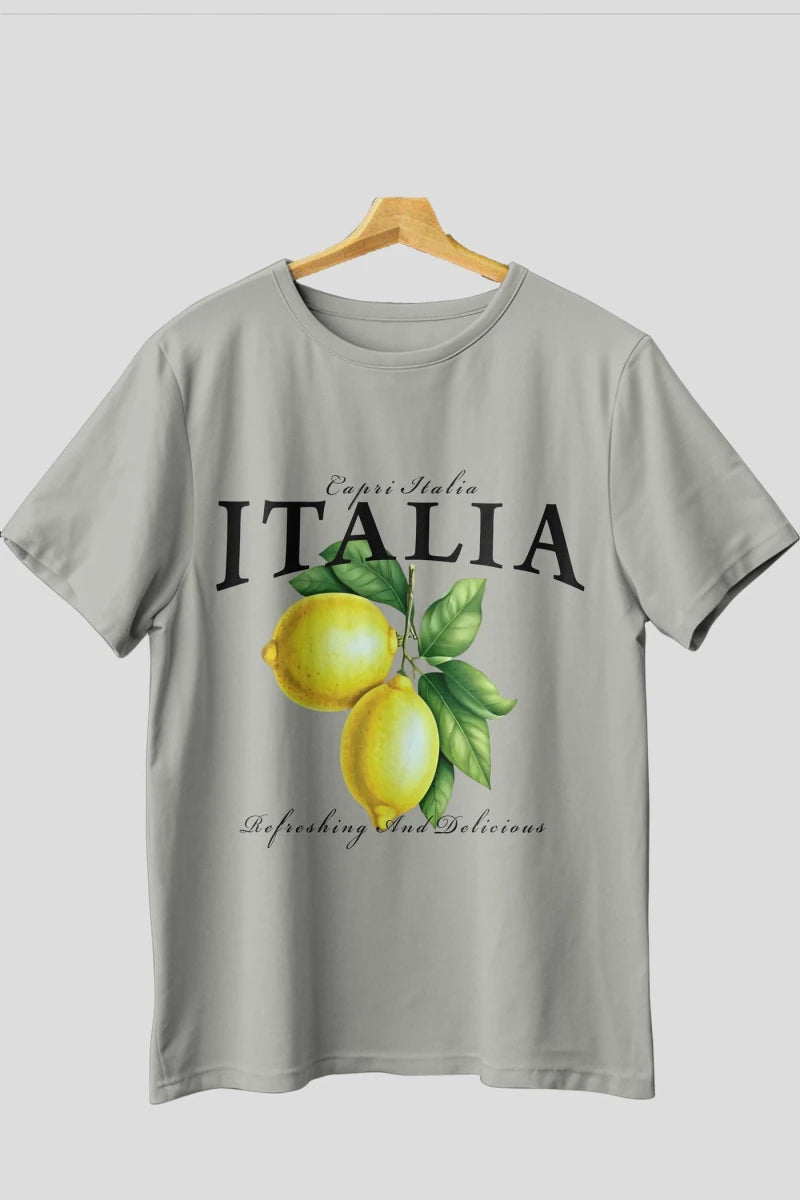 italia Lemon Ön Baskılı Oversize t-shirt Erkek Kadın Pamuk Bisiklet Yaka tişort - Cilexi