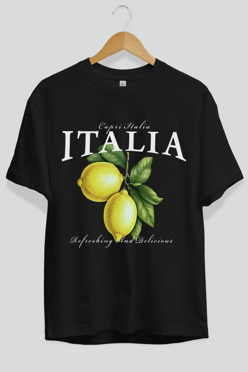italia Lemon Ön Baskılı Oversize t-shirt Erkek Kadın Pamuk Bisiklet Yaka tişort - Cilexi