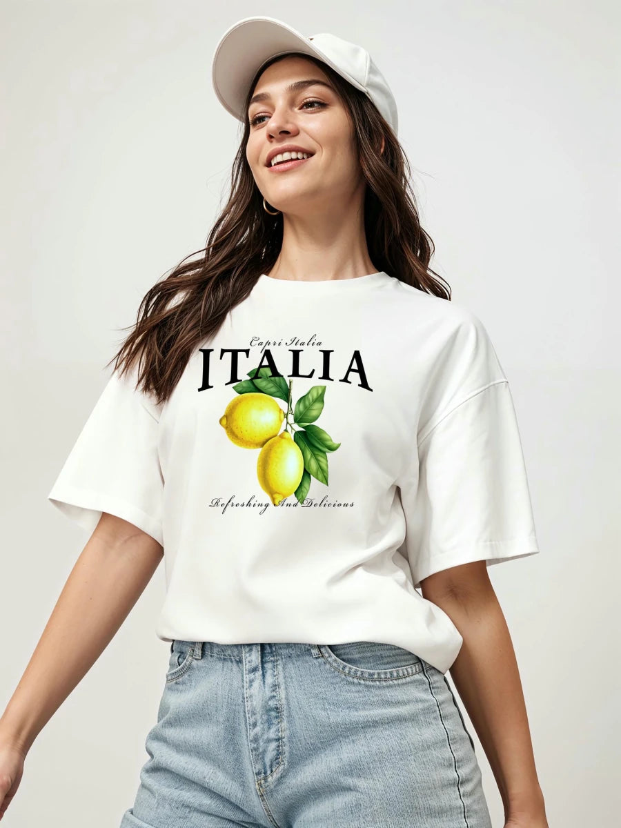 italia Lemon Ön Baskılı Oversize t-shirt Erkek Kadın Pamuk Bisiklet Yaka tişort - Cilexi