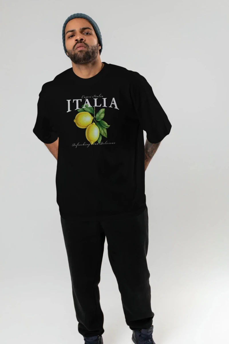 italia Lemon Ön Baskılı Oversize t-shirt Erkek Kadın Pamuk Bisiklet Yaka tişort - Cilexi