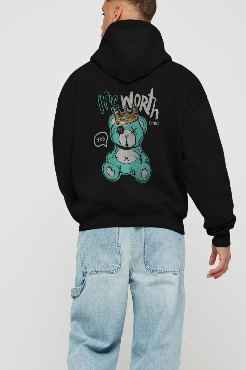 its Worth Trying Bear Arka Baskılı Hoodie Oversize Kapüşonlu Sweatshirt Erkek Kadın Unisex - Cilexi