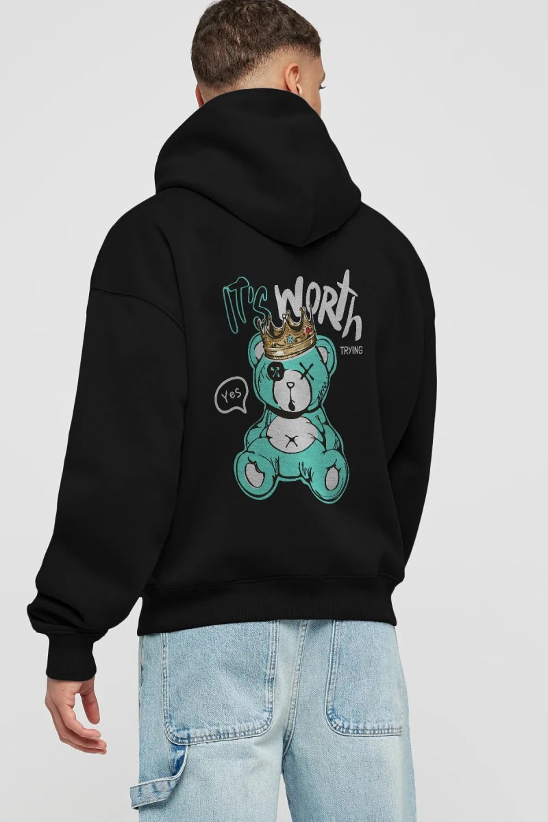 its Worth Trying Bear Arka Baskılı Hoodie Oversize Kapüşonlu Sweatshirt Erkek Kadın Unisex - Cilexi