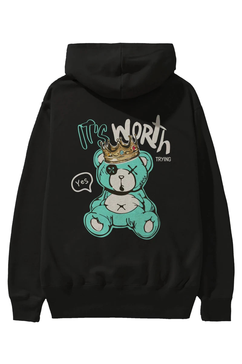 its Worth Trying Bear Arka Baskılı Hoodie Oversize Kapüşonlu Sweatshirt Erkek Kadın Unisex - Cilexi