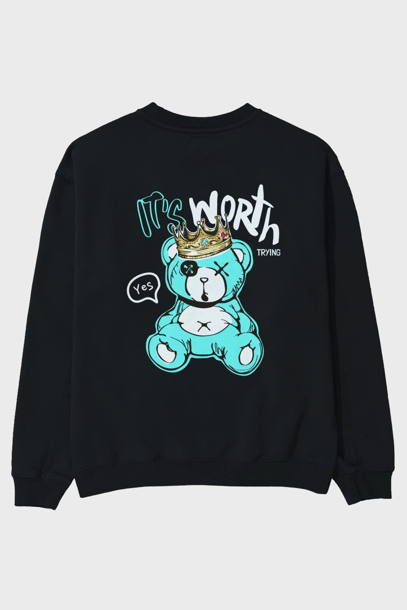its Worth Trying Bear Arka Baskılı Oversize Sweatshirt Erkek Kadın Unisex - Cilexi