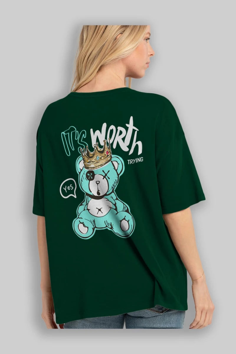 its Worth Trying Bear Arka Baskılı Oversize t-shirt Erkek Kadın Unisex - Cilexi