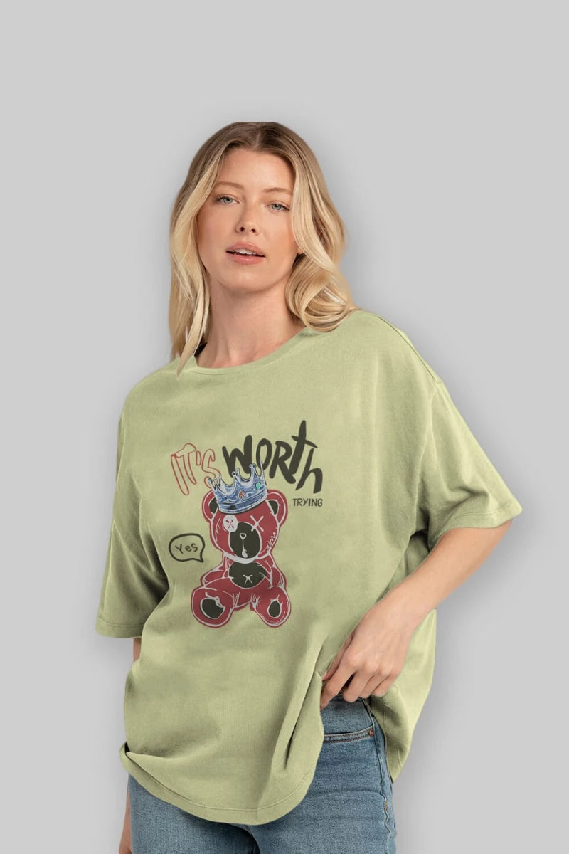its Worth Trying Bear Ön Baskılı Oversize t-shirt Erkek Kadın Unisex - Cilexi