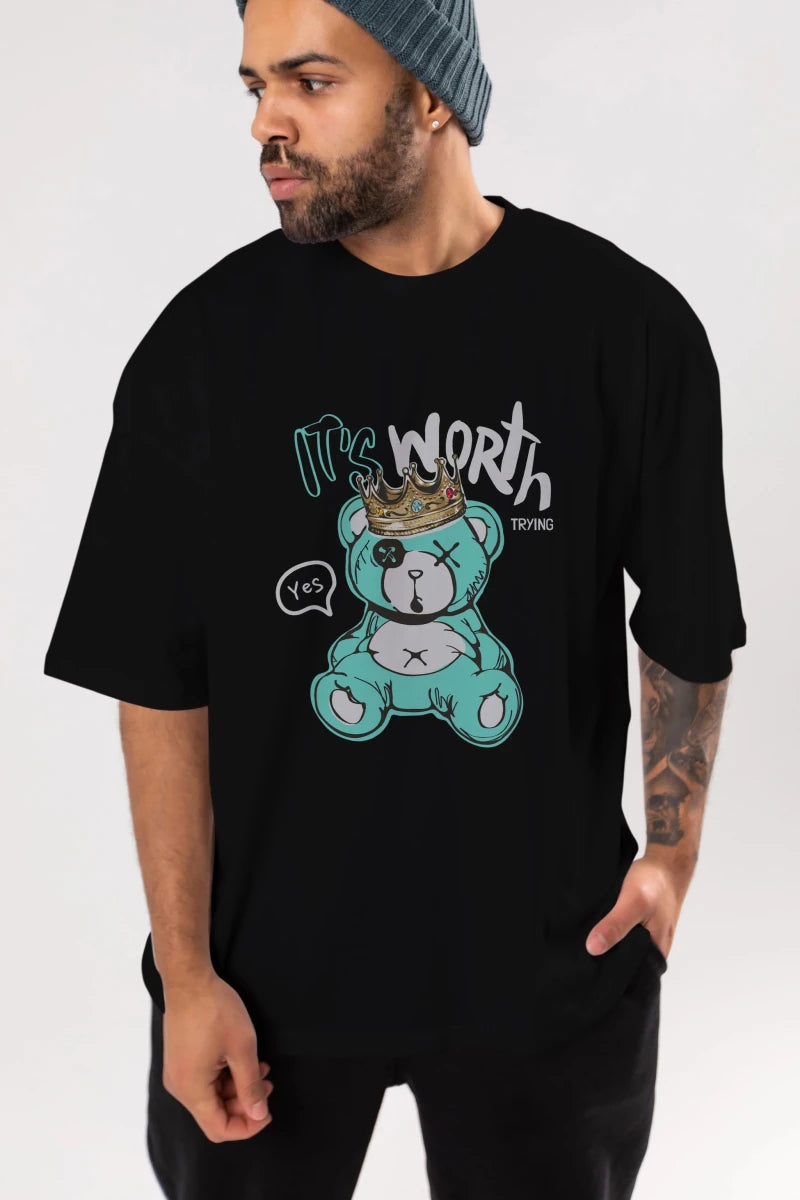 its Worth Trying Bear Ön Baskılı Oversize t-shirt Erkek Kadın Unisex - Cilexi