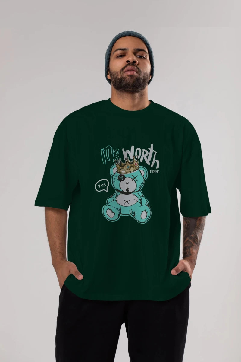 its Worth Trying Bear Ön Baskılı Oversize t-shirt Erkek Kadın Unisex - Cilexi