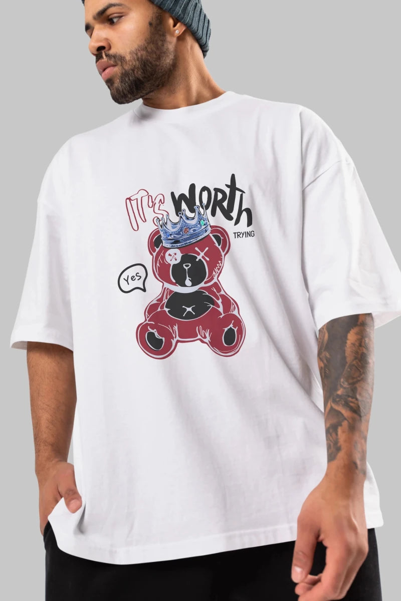 its Worth Trying Bear Ön Baskılı Oversize t-shirt Erkek Kadın Unisex - Cilexi