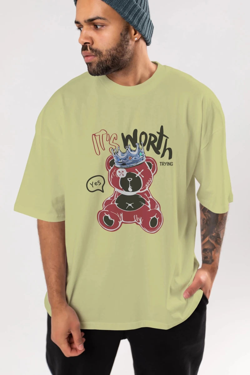its Worth Trying Bear Ön Baskılı Oversize t-shirt Erkek Kadın Unisex - Cilexi