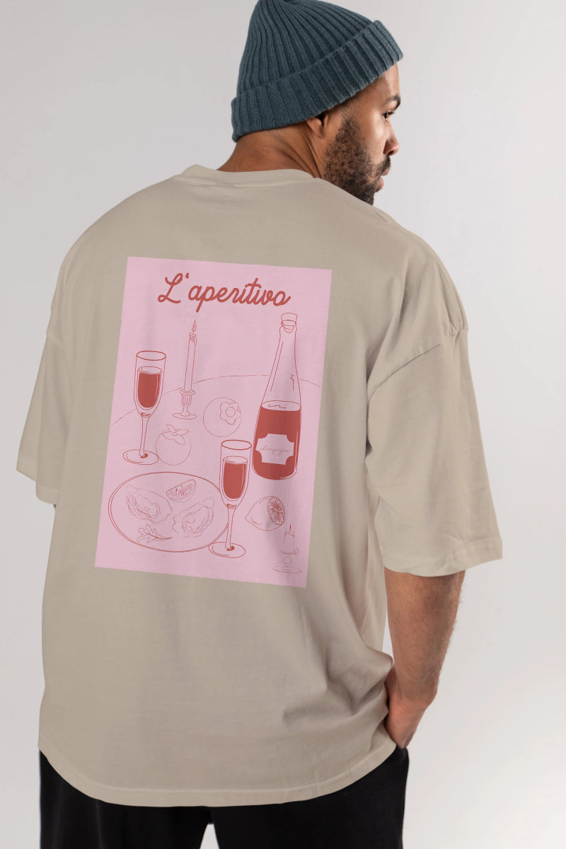 Şampanya L'aperitivo Arka Baskılı Oversize t-shirt Erkek Kadın Unisex %100 Pamuk Bisiklet Yaka tişort - Cilexi
